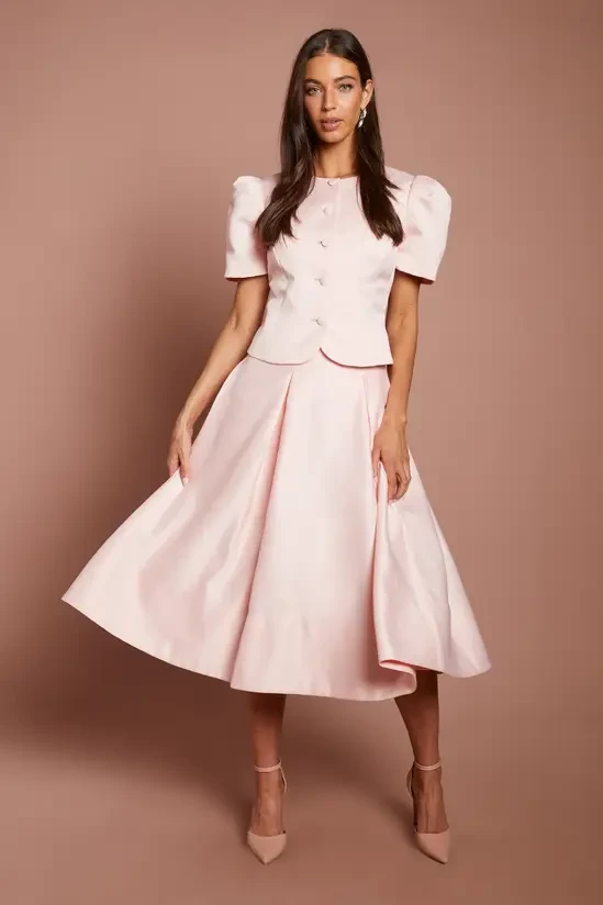 Blush Peplum Top and Midi Skirt with nude pointed flats