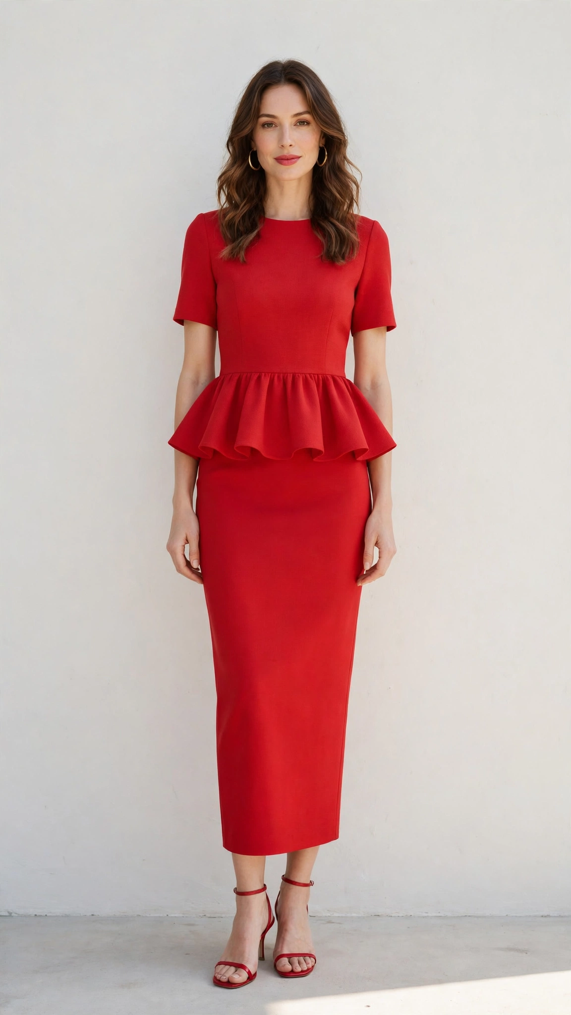 Red Peplum Top and Pencil Skirt with gold hoop earrings