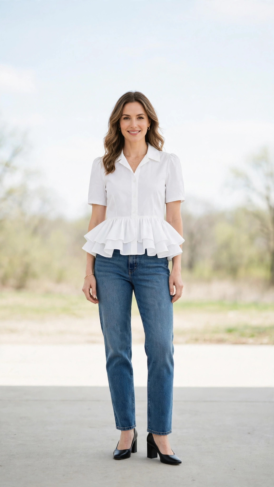 White Peplum Top and Jeans with black block-heel pumps