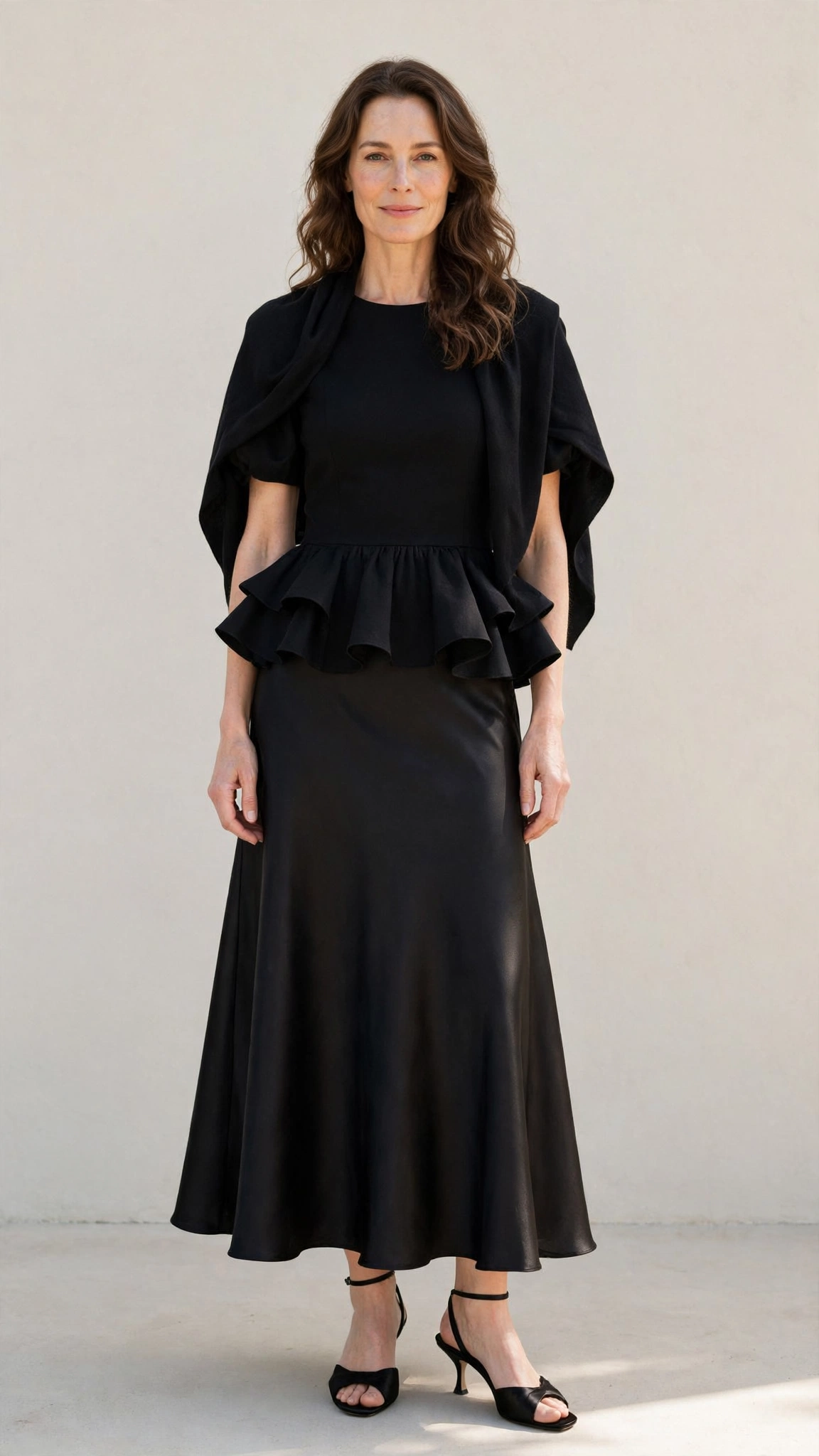 Black Peplum Top and Satin Skirt with a soft black shawl