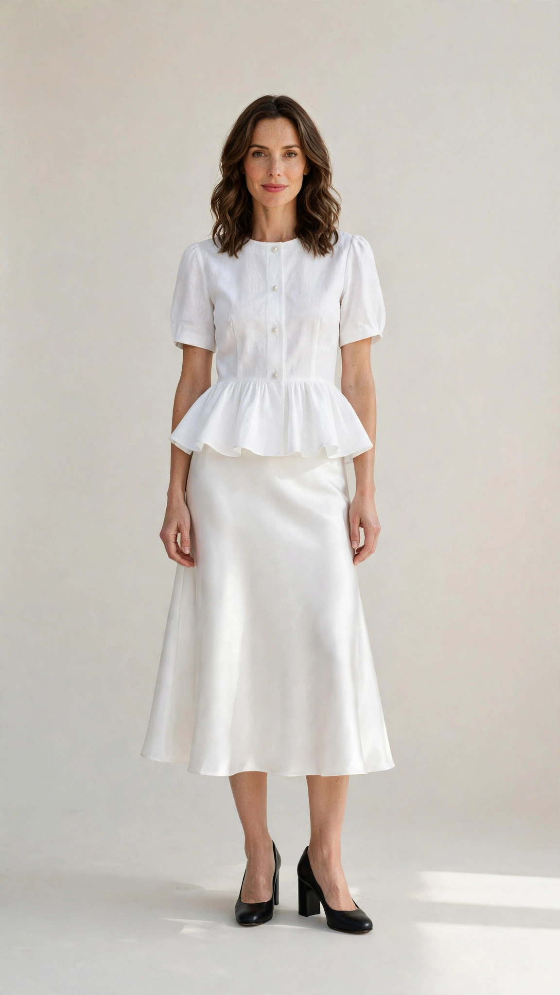 White Peplum Top and Satin Skirt with black block-heel pumps