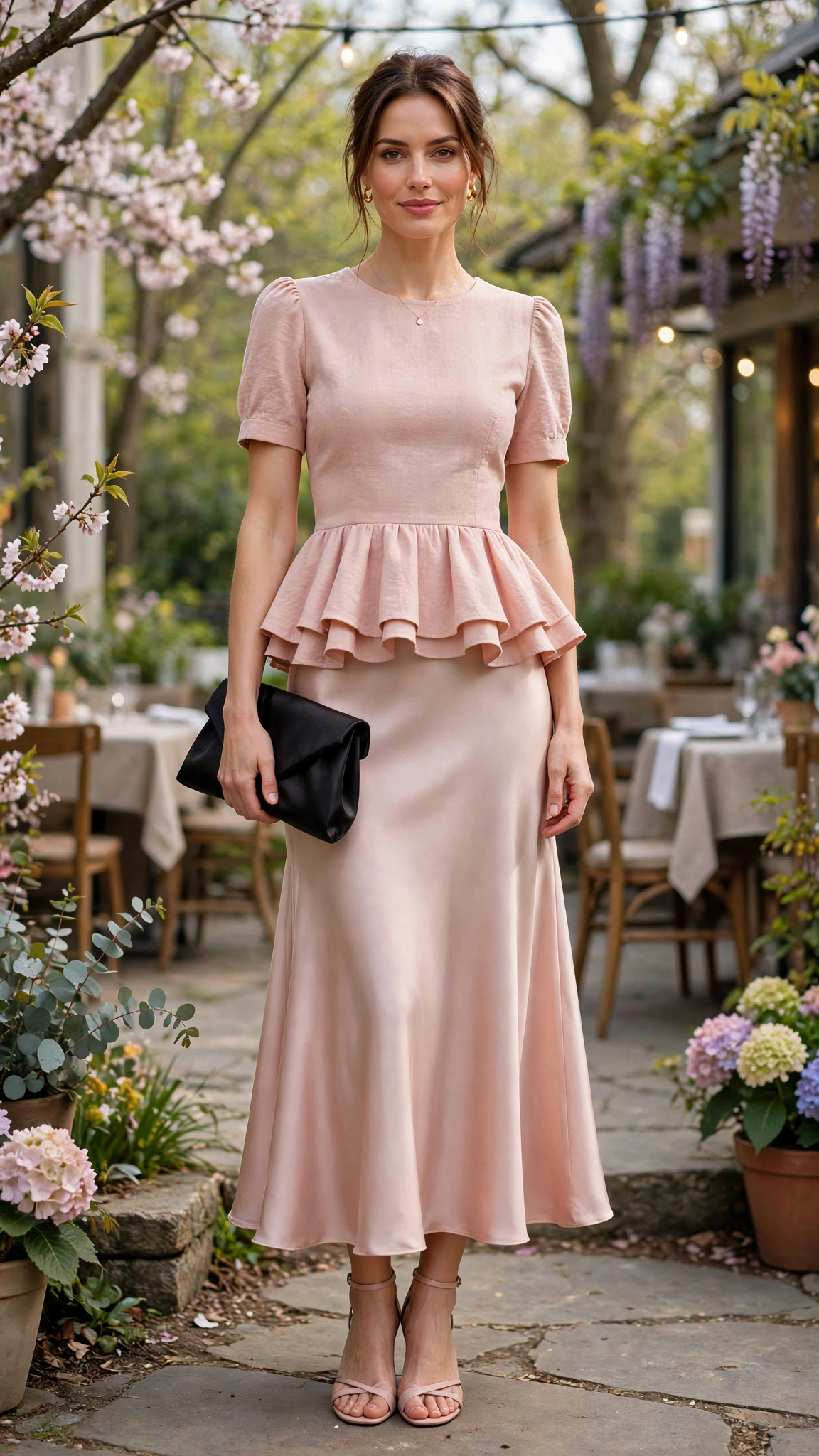 Blush Peplum Top and Satin Skirt with a black satin clutch
