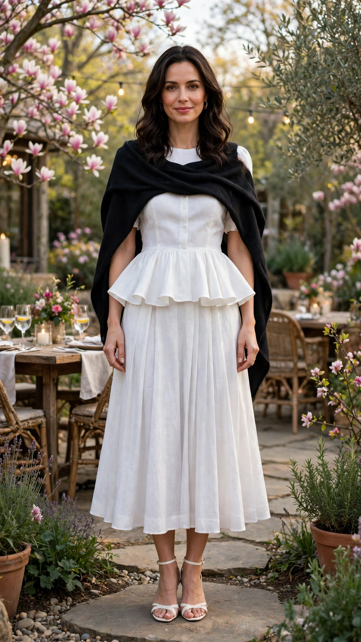 White Peplum Top and Midi Skirt with a soft black shawl