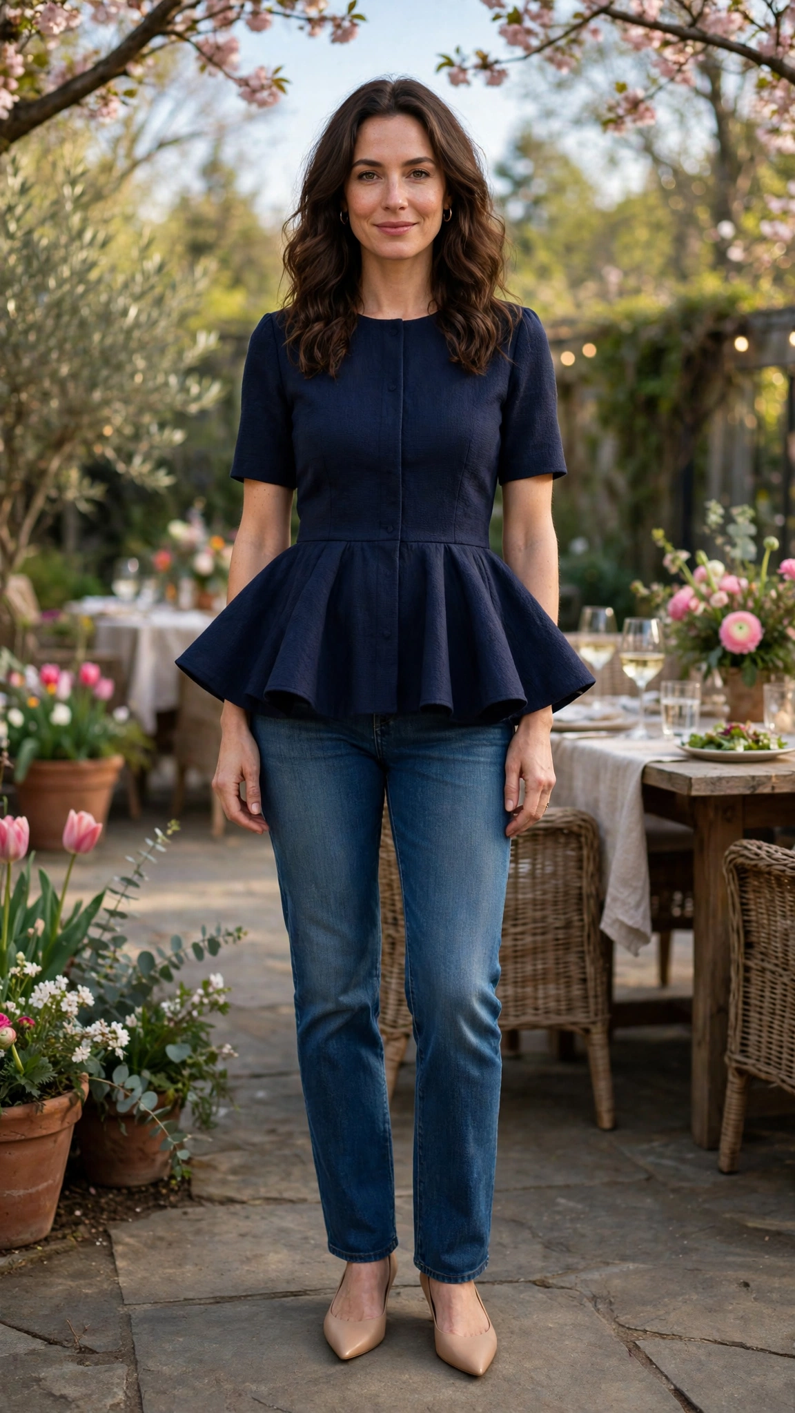Navy Peplum Top and Jeans with nude pointed flats