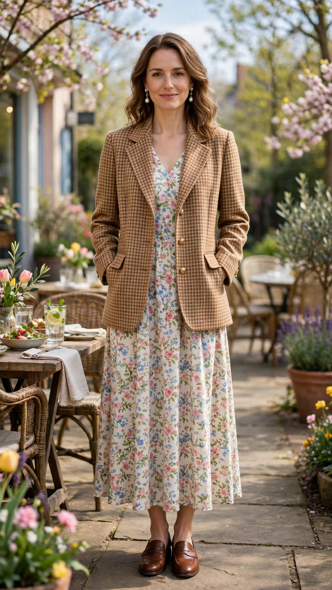 28 Professor Jacket Outfits with a Dress for Spring Lunches That Are Chic, Fresh and Elegant 2 Camel Check Professor Jacket with a Floral Dress with pearl drop earrings
