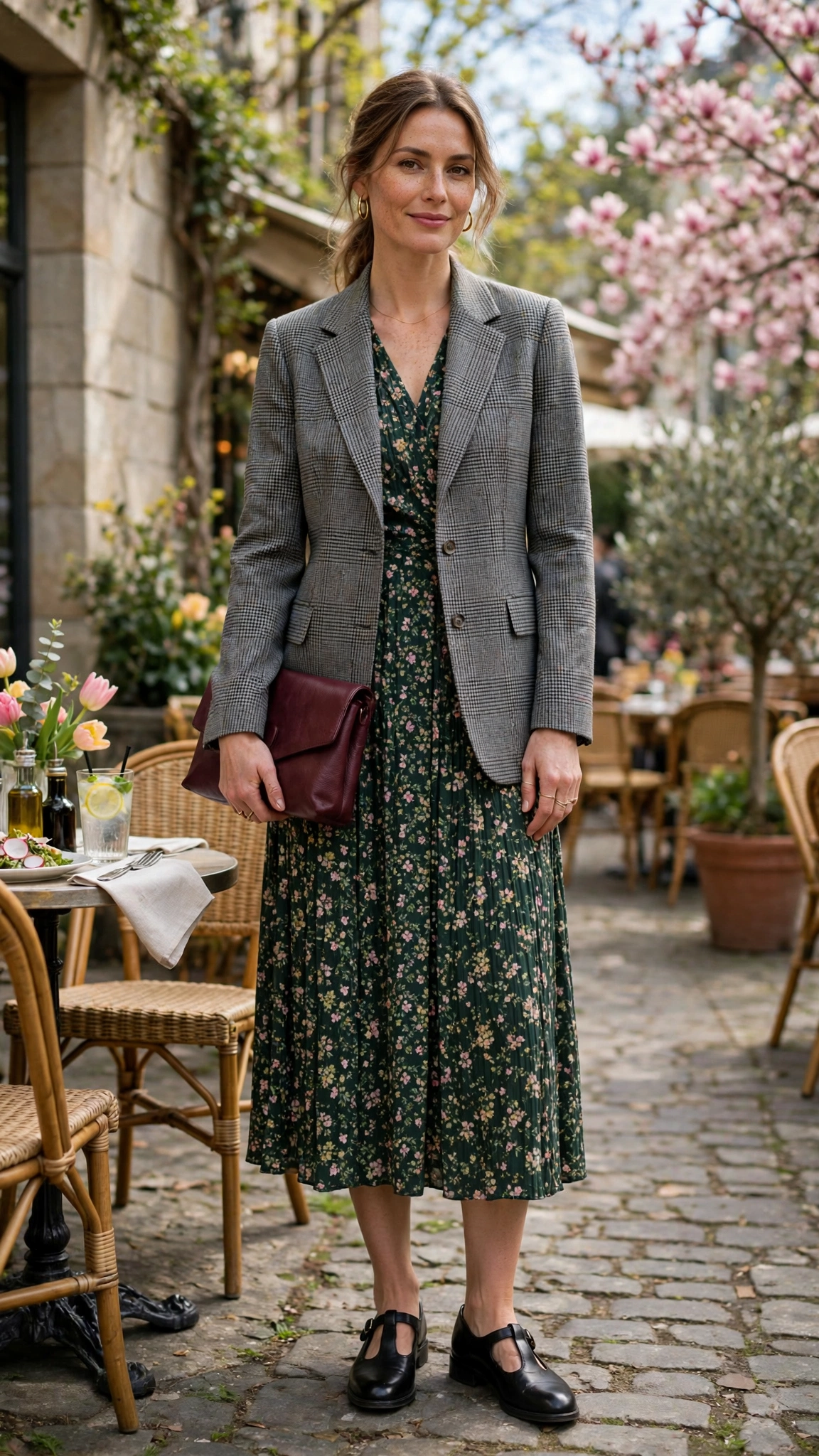 28 Professor Jacket Outfits with a Dress for Spring Lunches That Are Chic, Fresh and Elegant 4 Grey Check Professor Jacket with a Midi Dress with a burgundy clutch