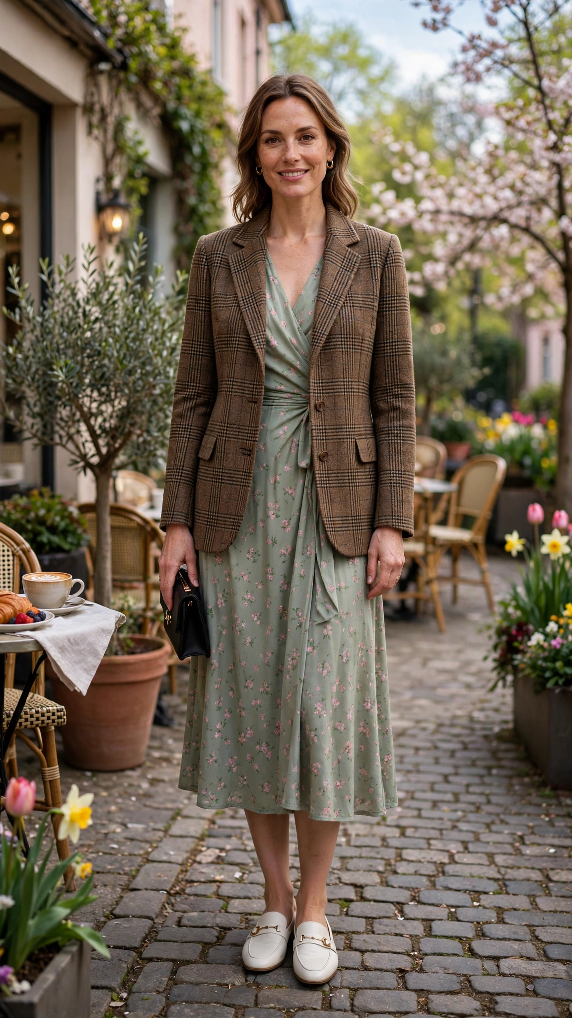 28 Professor Jacket Outfits with a Dress for Spring Lunches That Are Chic, Fresh and Elegant 5 Brown Check Professor Jacket with a Wrap Dress with a small black clutch