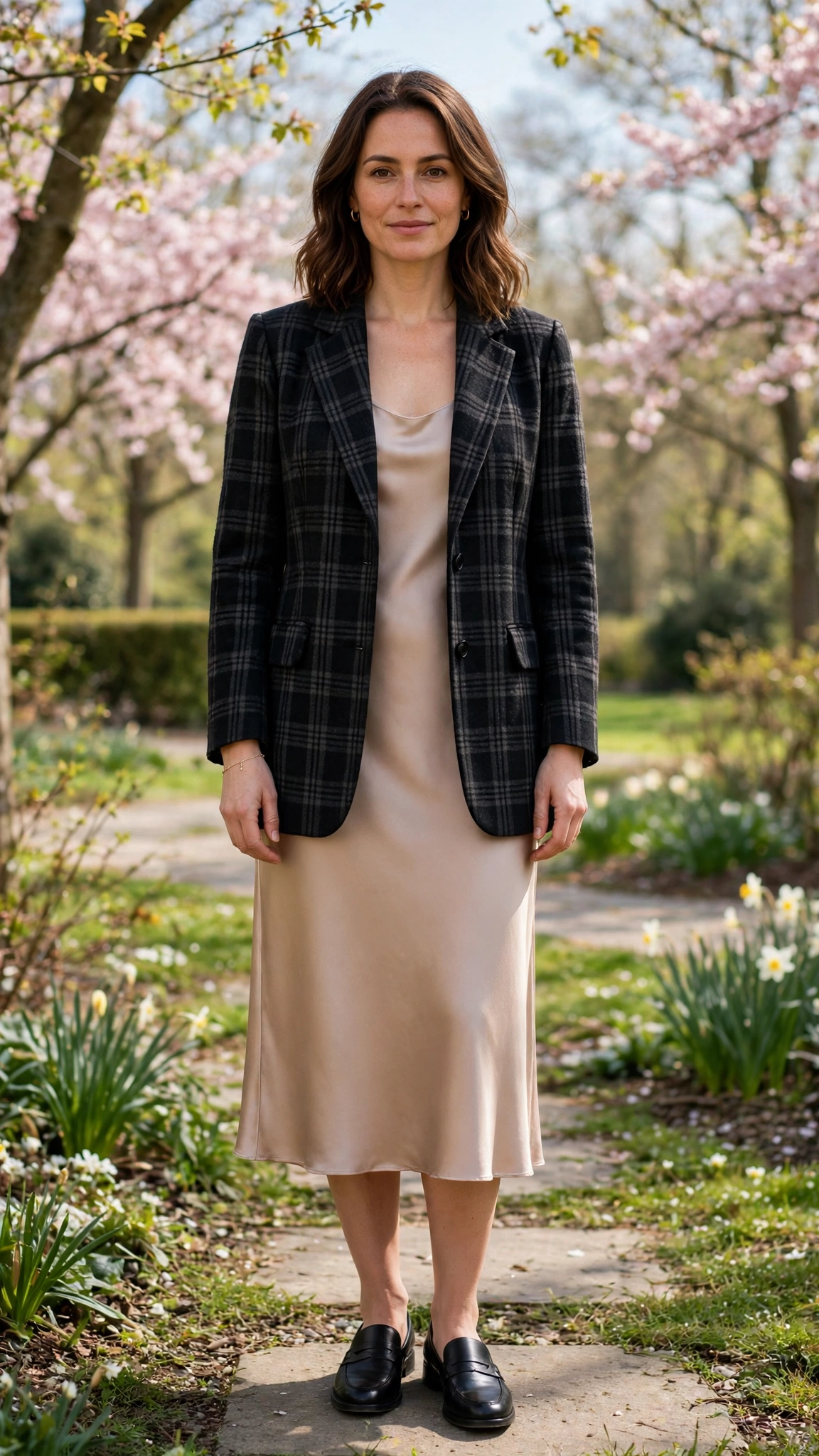 28 Professor Jacket Outfits with a Dress for Spring Lunches That Are Chic, Fresh and Elegant 6 Black Check Professor Jacket with a Slip Dress with a delicate gold bracelet