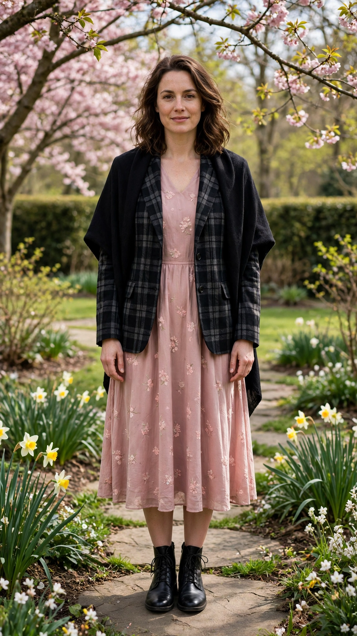 28 Professor Jacket Outfits with a Dress for Spring Lunches That Are Chic, Fresh and Elegant 7 Black Check Professor Jacket with a Tea-Length Dress with a soft black shawl