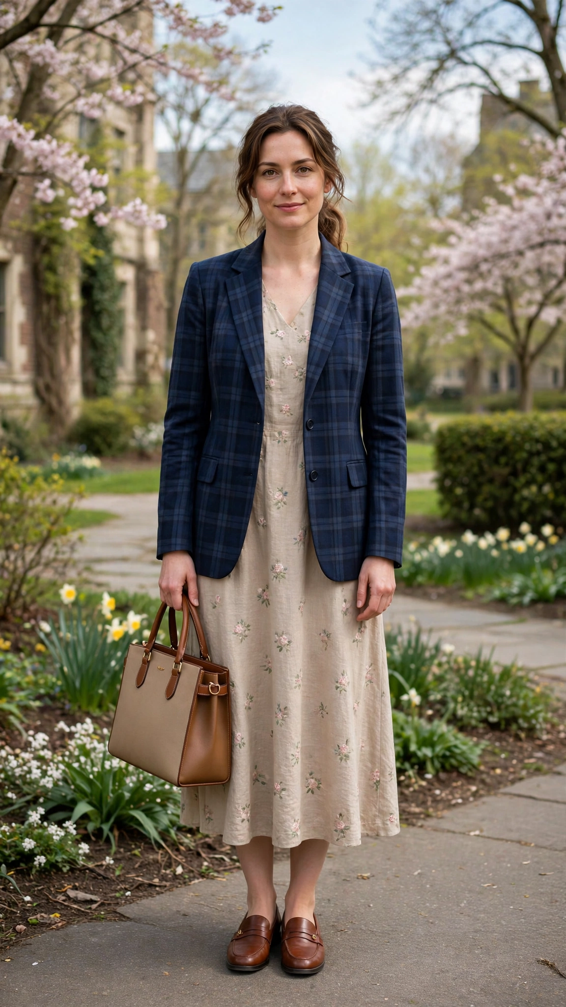 28 Professor Jacket Outfits with a Dress for Spring Lunches That Are Chic, Fresh and Elegant 8 Navy Check Professor Jacket with a Midi Dress with a structured tote