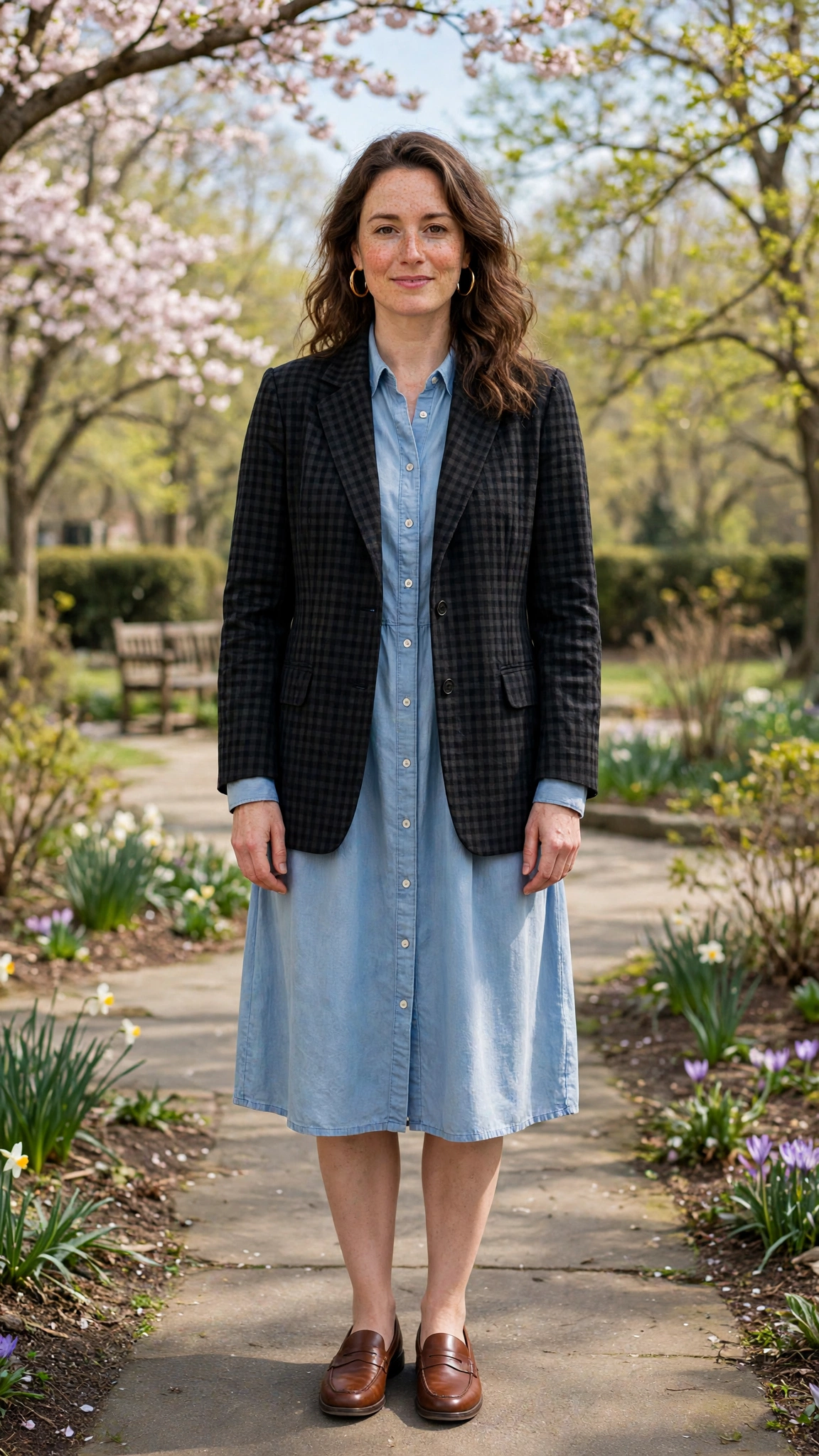 28 Professor Jacket Outfits with a Dress for Spring Lunches That Are Chic, Fresh and Elegant 9 Black Check Professor Jacket with a Shirt Dress with gold hoop earrings