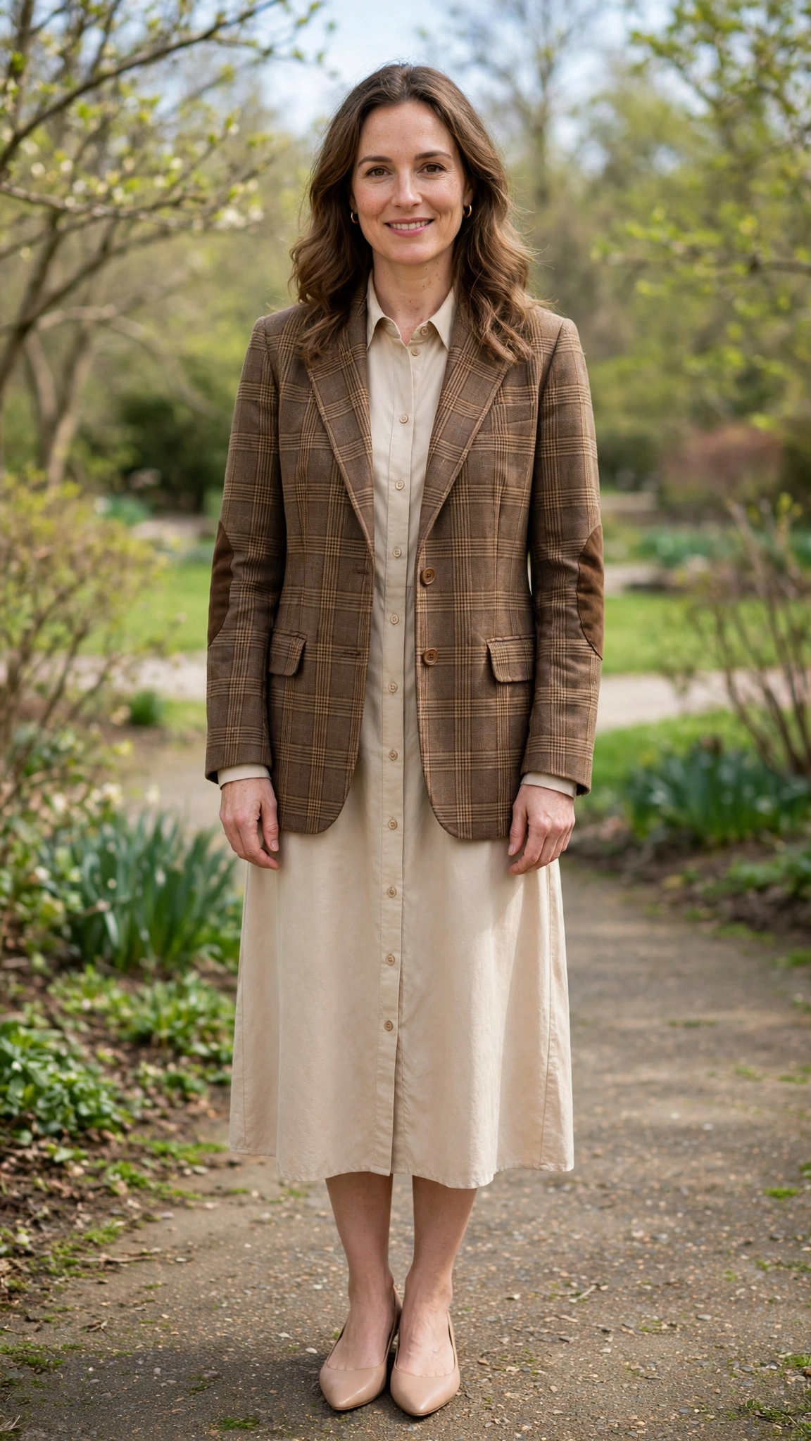 28 Professor Jacket Outfits with a Dress for Spring Lunches That Are Chic, Fresh and Elegant 10 Brown Check Professor Jacket with a Shirt Dress with nude pointed flats