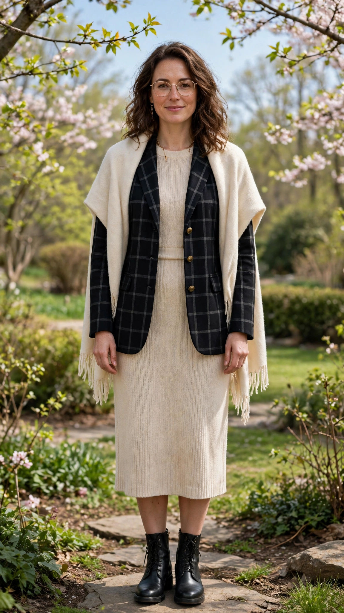 28 Professor Jacket Outfits with a Dress for Spring Lunches That Are Chic, Fresh and Elegant 11 Black Check Professor Jacket with a Knit Dress with a cream wrap
