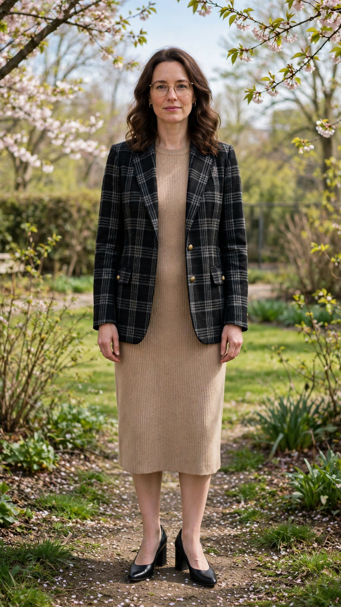 28 Professor Jacket Outfits with a Dress for Spring Lunches That Are Chic, Fresh and Elegant 12 Black Check Professor Jacket with a Knit Dress with black block-heel pumps