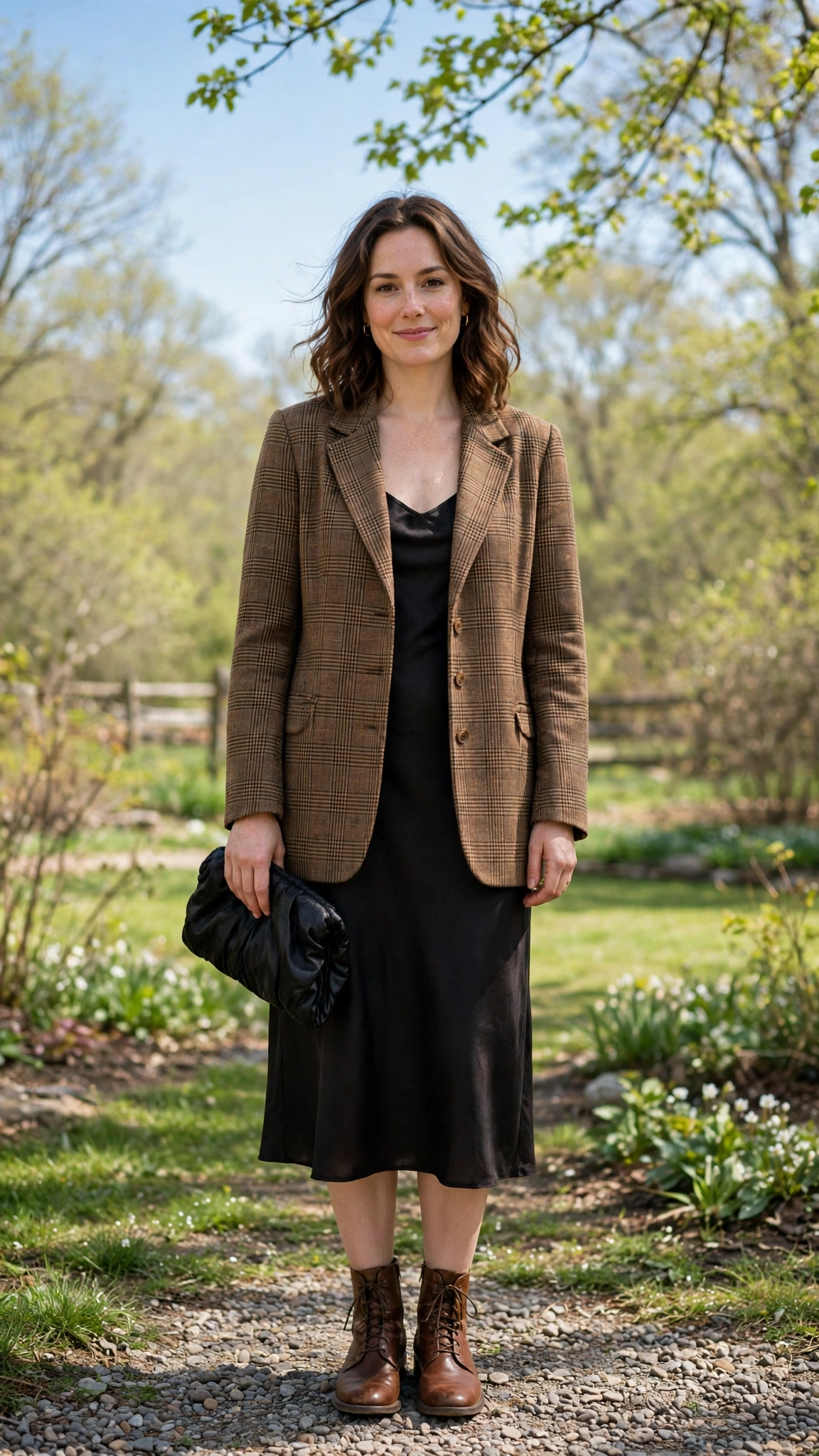 28 Professor Jacket Outfits with a Dress for Spring Lunches That Are Chic, Fresh and Elegant 13 Brown Check Professor Jacket with a Slip Dress with a black satin clutch