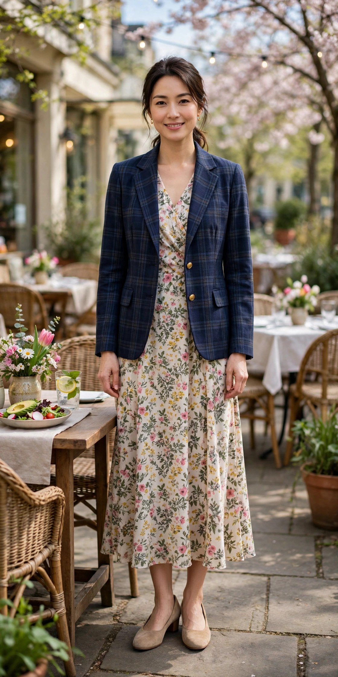 28 Professor Jacket Outfits with a Dress for Spring Lunches That Are Chic, Fresh and Elegant 14 Navy Check Professor Jacket with a Floral Dress with comfortable low heels