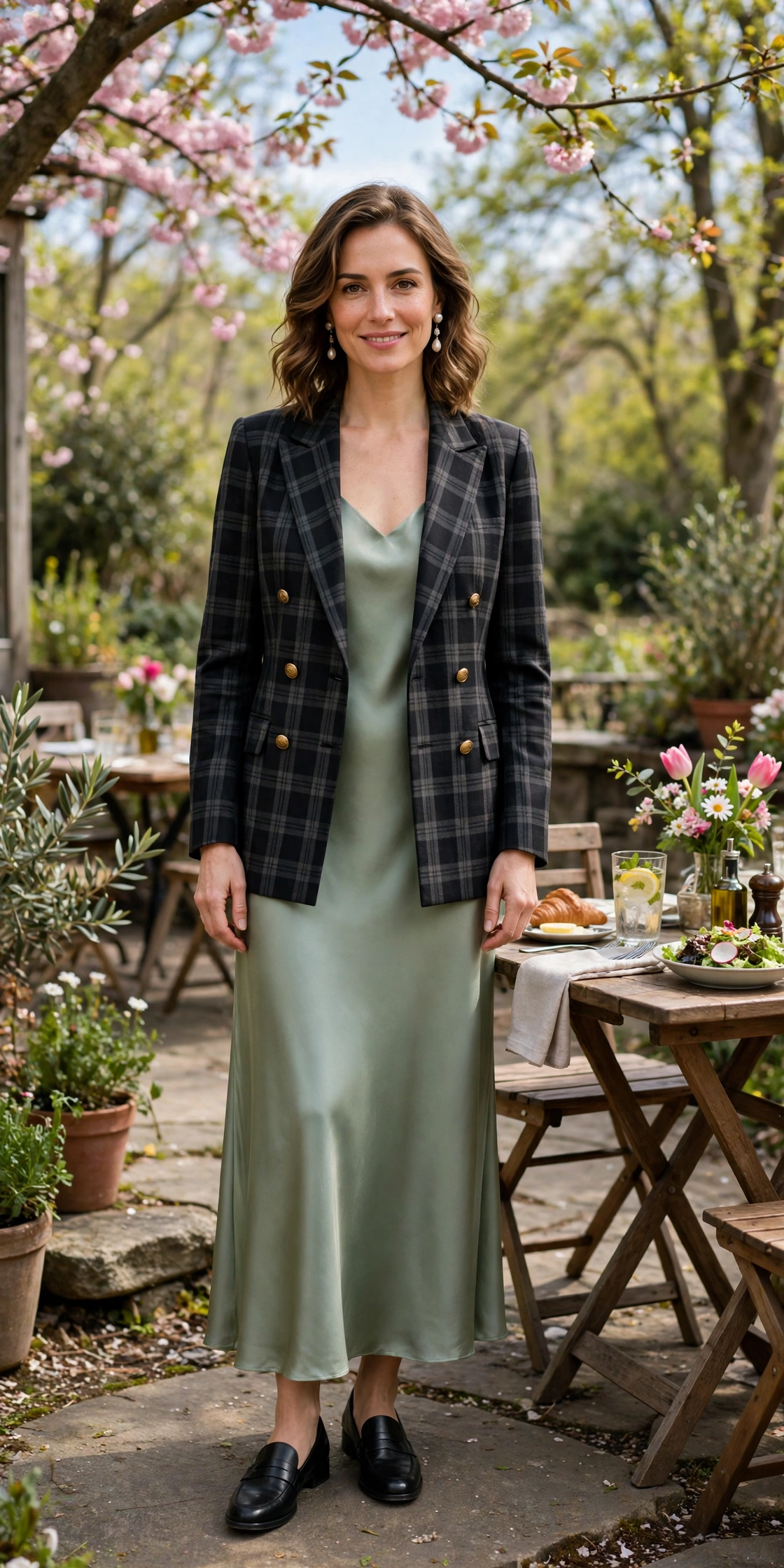 28 Professor Jacket Outfits with a Dress for Spring Lunches That Are Chic, Fresh and Elegant 15 Black Check Professor Jacket with a Satin Dress with pearl drop earrings