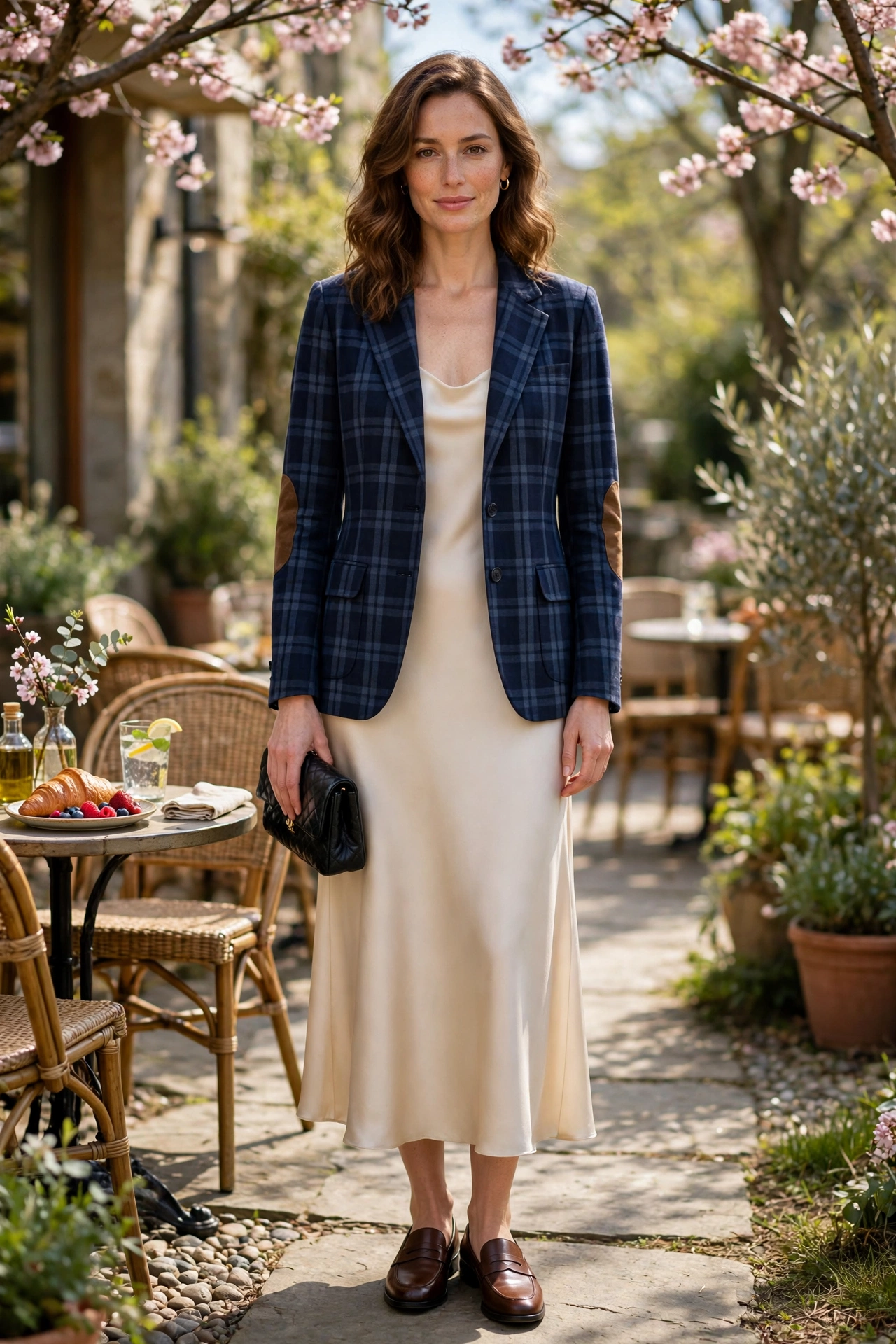 28 Professor Jacket Outfits with a Dress for Spring Lunches That Are Chic, Fresh and Elegant 16 Navy Check Professor Jacket with a Slip Dress with a small black clutch