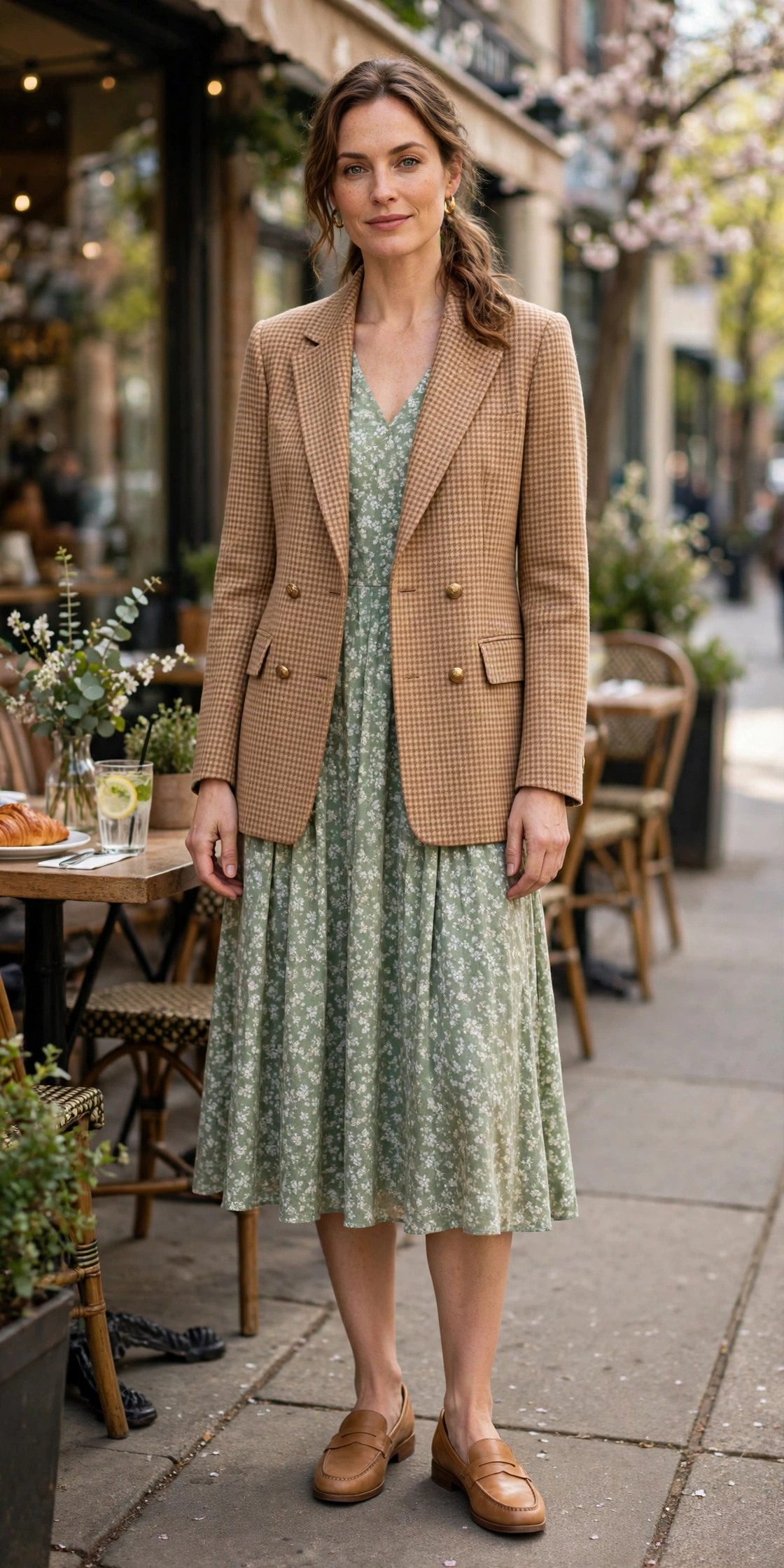 28 Professor Jacket Outfits with a Dress for Spring Lunches That Are Chic, Fresh and Elegant 18 Camel Check Professor Jacket with a Tea-Length Dress with tan leather loafers