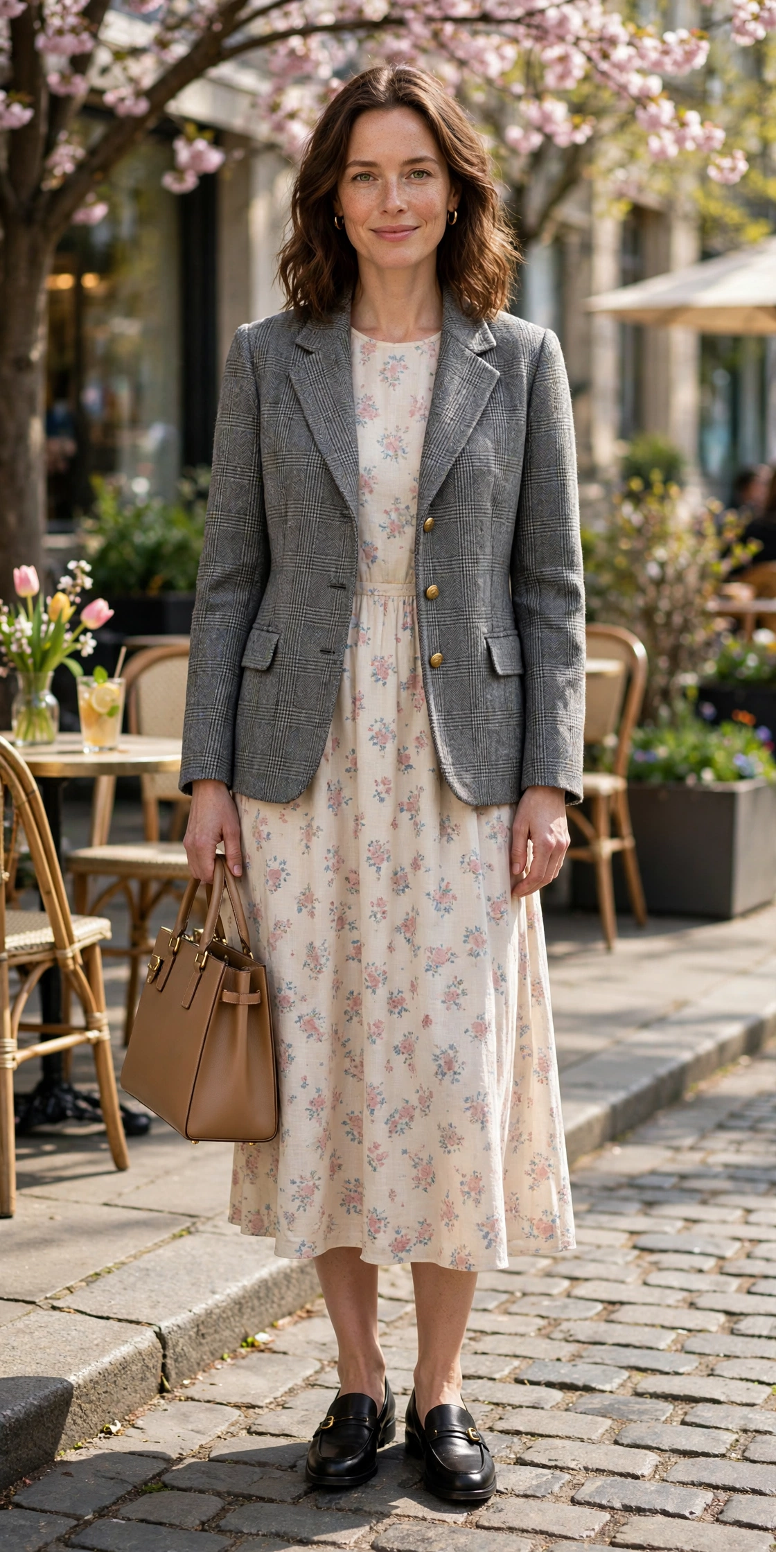 28 Professor Jacket Outfits with a Dress for Spring Lunches That Are Chic, Fresh and Elegant 19 Grey Check Professor Jacket with a Midi Dress with a structured tote