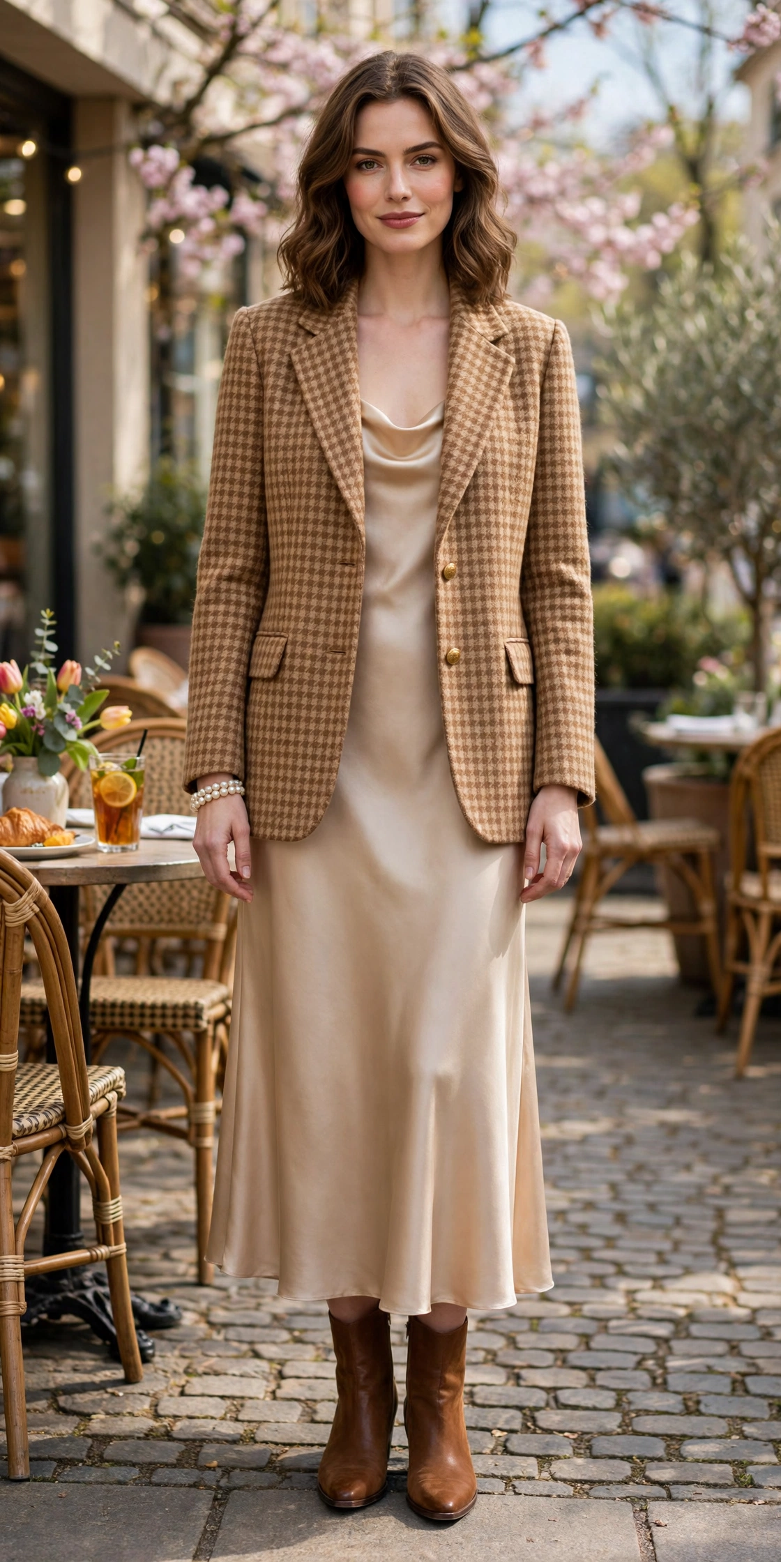 28 Professor Jacket Outfits with a Dress for Spring Lunches That Are Chic, Fresh and Elegant 20 Camel Check Professor Jacket with a Satin Dress with a pearl bracelet