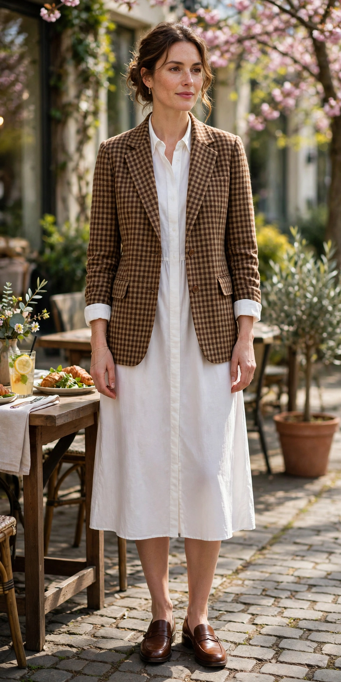 28 Professor Jacket Outfits with a Dress for Spring Lunches That Are Chic, Fresh and Elegant 21 Brown Check Professor Jacket with a Shirt Dress with a delicate gold bracelet