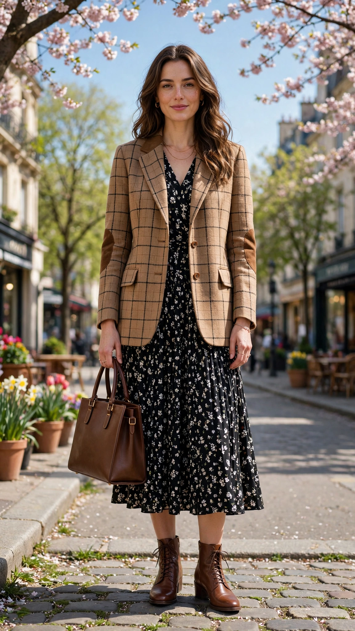 28 Professor Jacket Outfits with a Dress for Spring Lunches That Are Chic, Fresh and Elegant 22 Camel Check Professor Jacket with a Midi Dress with a structured tote