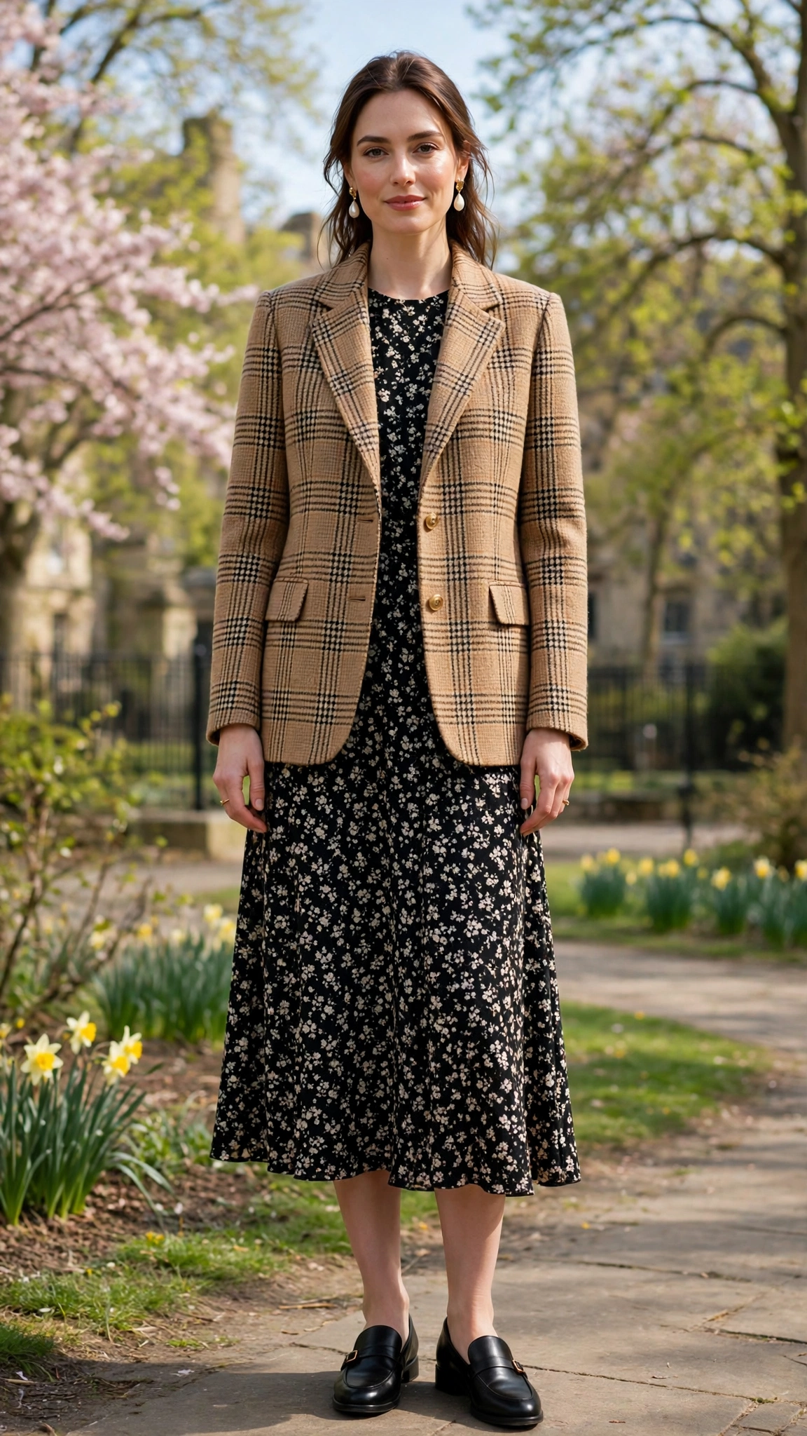 28 Professor Jacket Outfits with a Dress for Spring Lunches That Are Chic, Fresh and Elegant 23 Camel Check Professor Jacket with a Midi Dress with pearl drop earrings