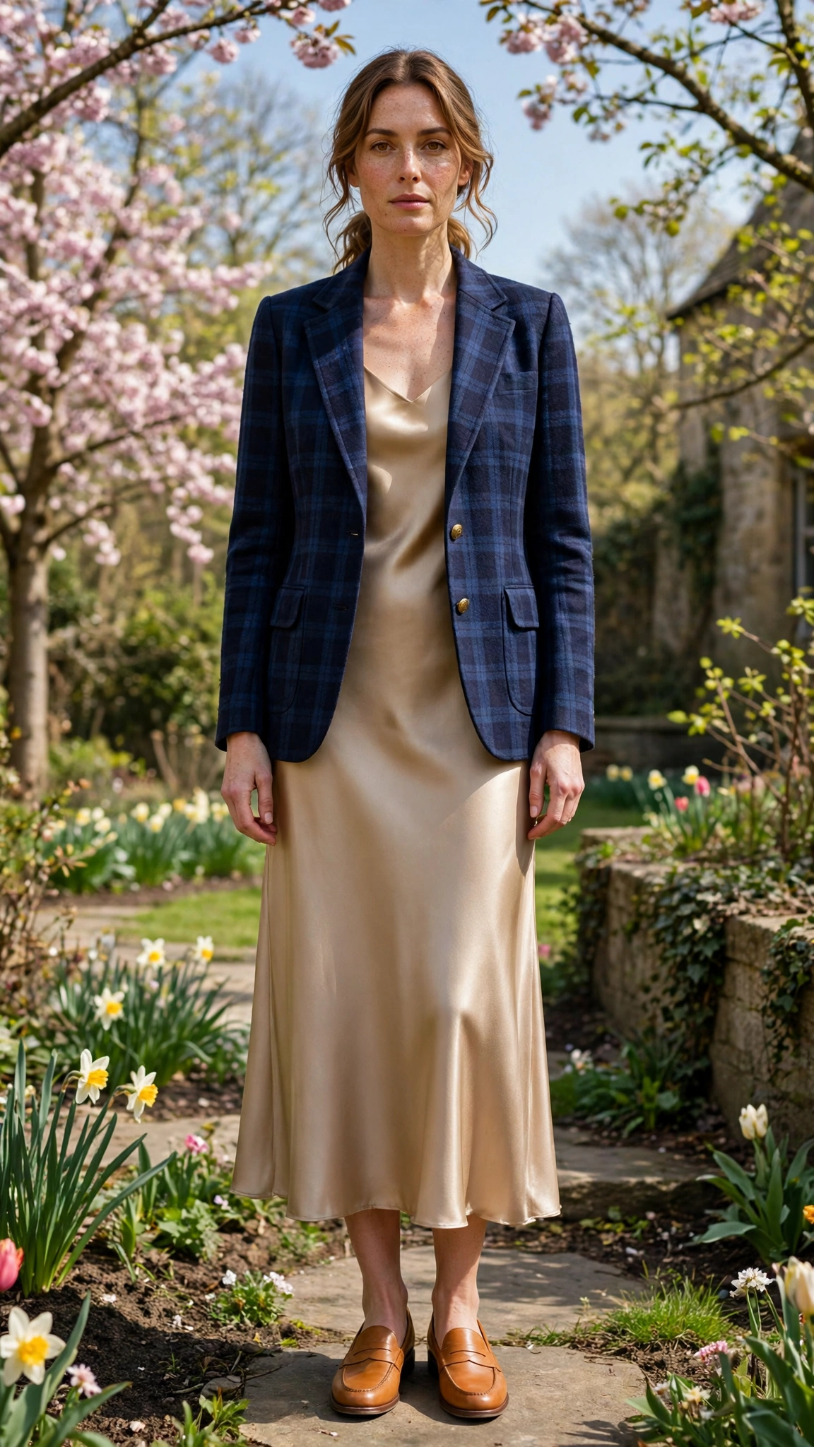 28 Professor Jacket Outfits with a Dress for Spring Lunches That Are Chic, Fresh and Elegant 24 Navy Check Professor Jacket with a Satin Dress with tan leather loafers