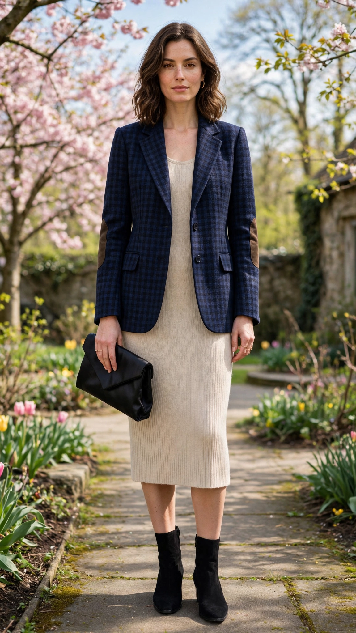 28 Professor Jacket Outfits with a Dress for Spring Lunches That Are Chic, Fresh and Elegant 25 Navy Check Professor Jacket with a Knit Dress with a black satin clutch
