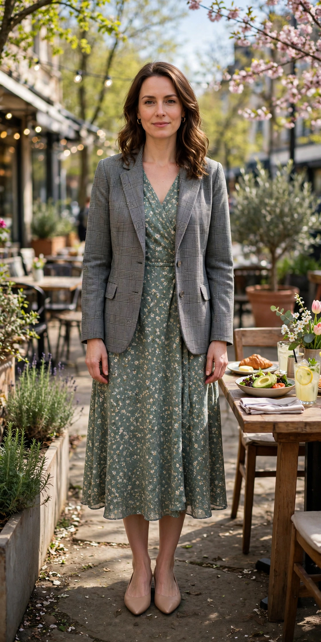 28 Professor Jacket Outfits with a Dress for Spring Lunches That Are Chic, Fresh and Elegant 26 Grey Check Professor Jacket with a Midi Dress with nude pointed flats
