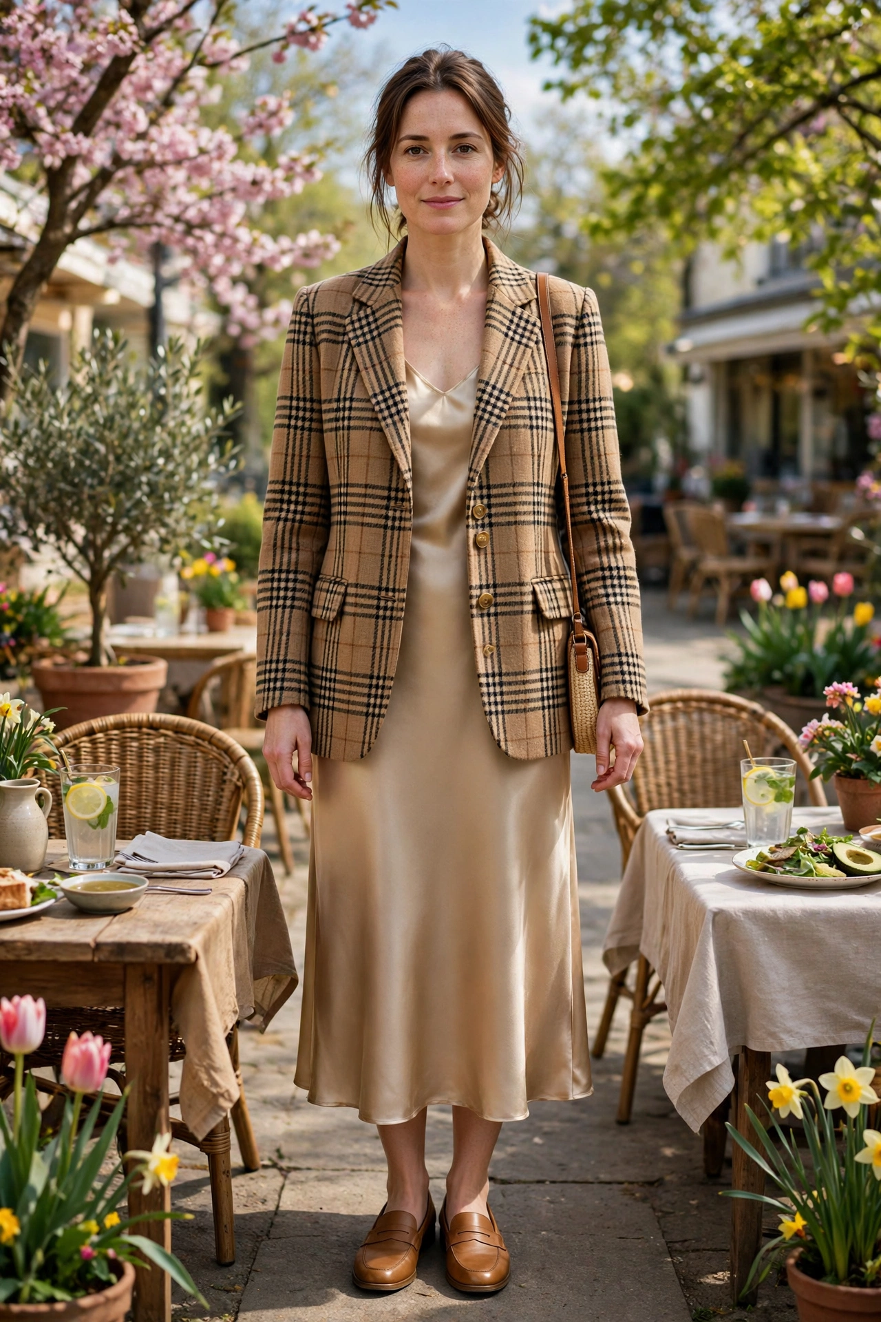 28 Professor Jacket Outfits with a Dress for Spring Lunches That Are Chic, Fresh and Elegant 27 Camel Check Professor Jacket with a Satin Dress with tan leather loafers