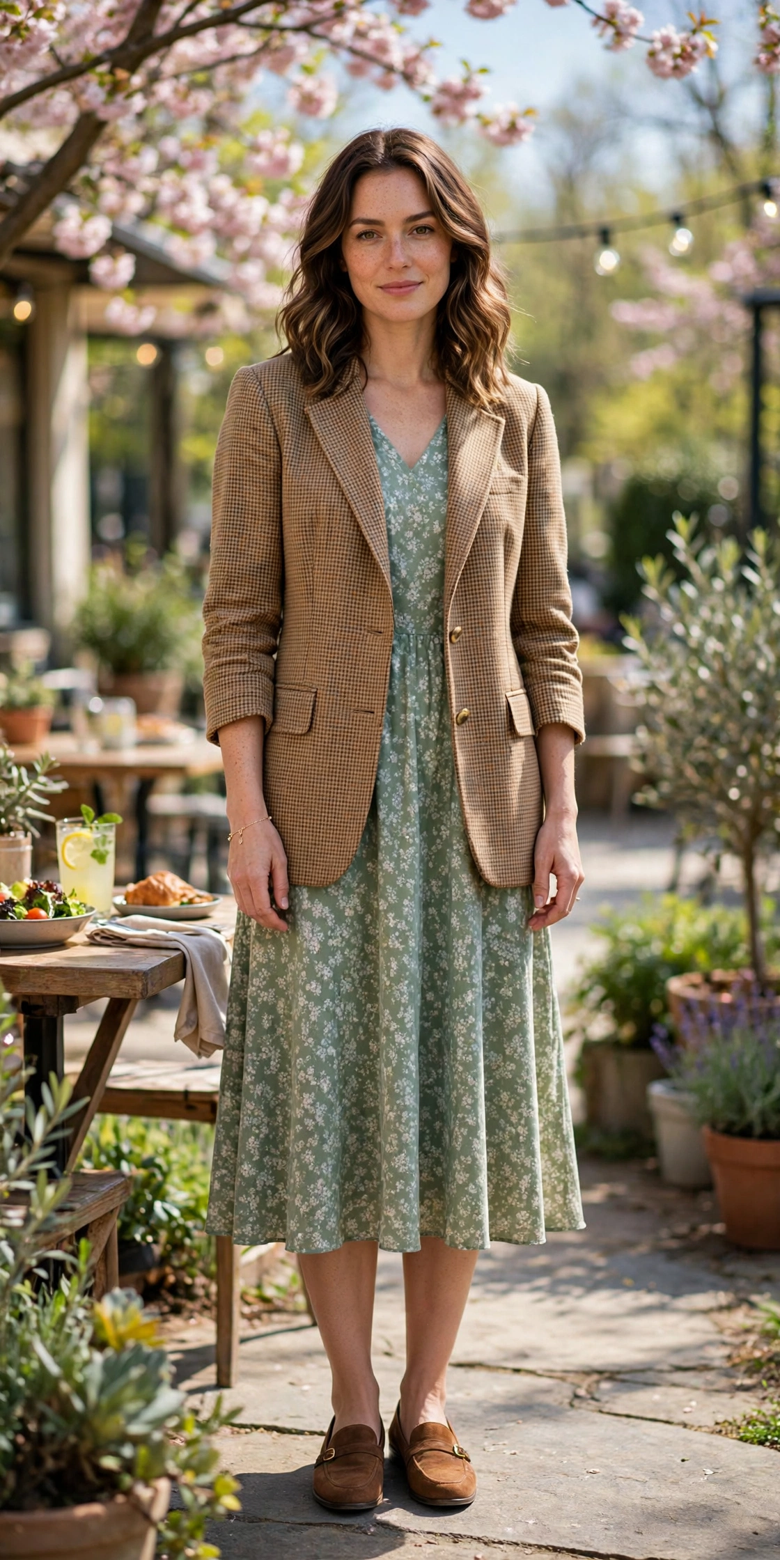28 Professor Jacket Outfits with a Dress for Spring Lunches That Are Chic, Fresh and Elegant 28 Camel Check Professor Jacket with a Tea-Length Dress with a delicate gold bracelet