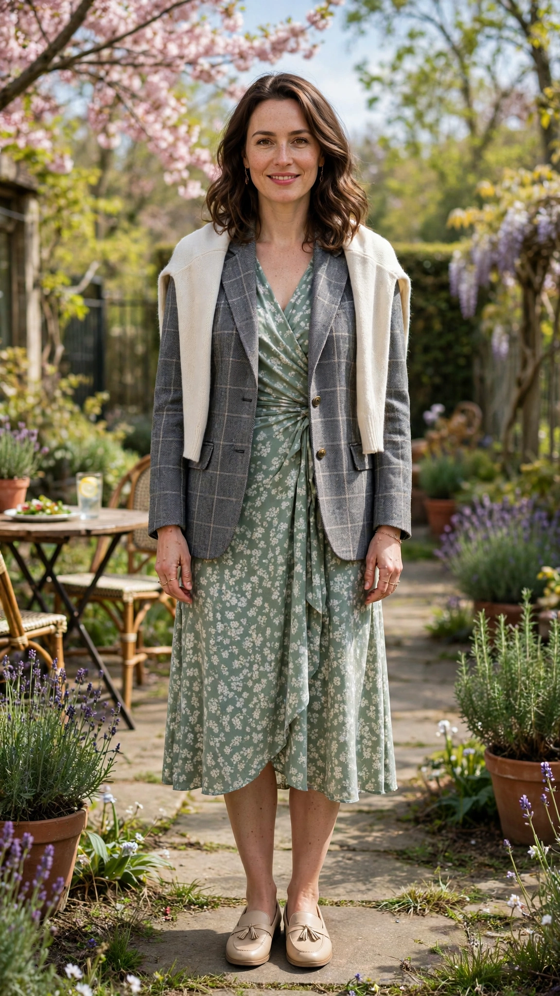 28 Professor Jacket Outfits with a Dress for Spring Lunches That Are Chic, Fresh and Elegant 29 Grey Check Professor Jacket with a Wrap Dress with a cream wrap