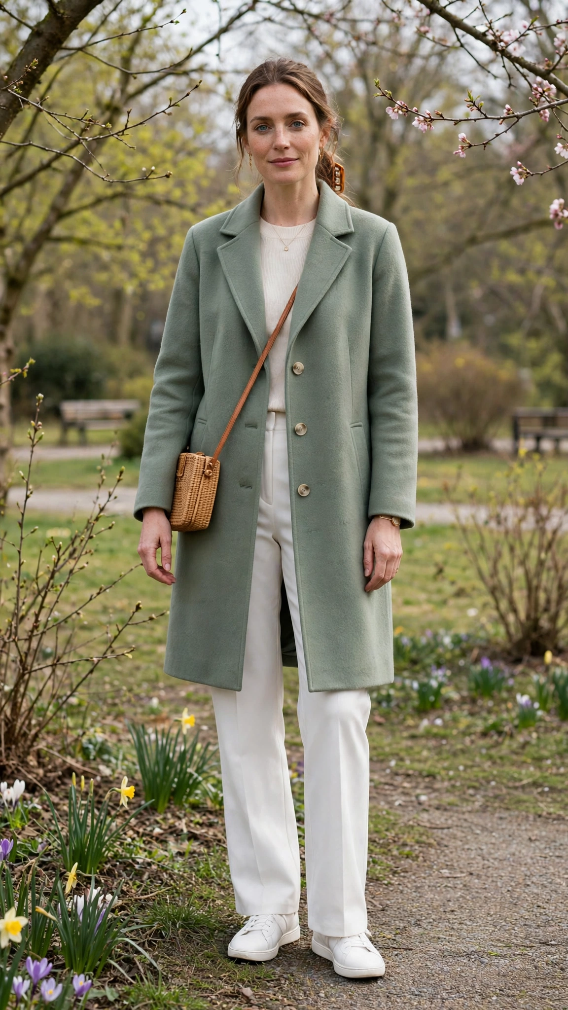 Sage single-breasted coat with white trousers