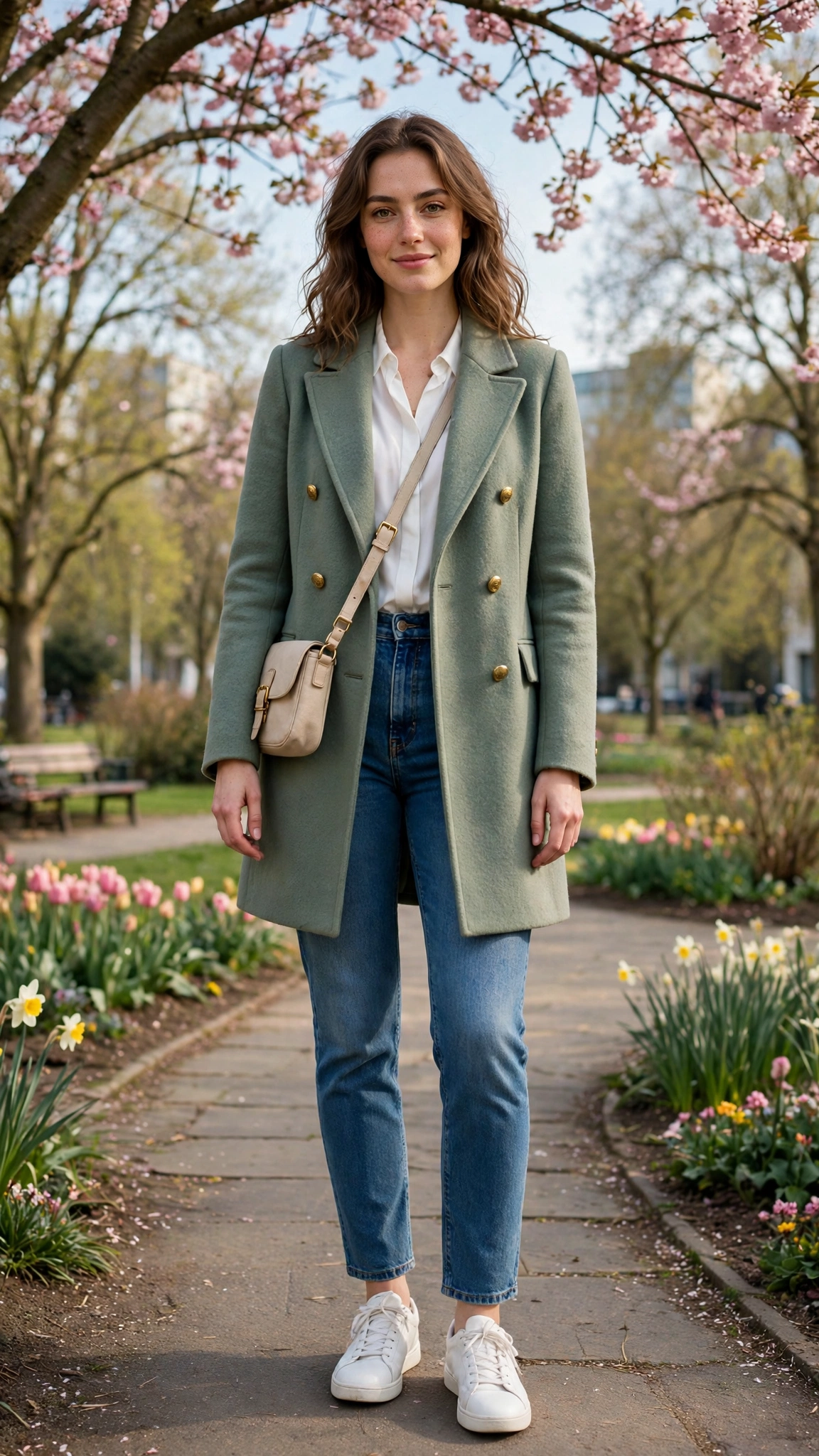 Sage double-breasted coat with a white blouse and jeans