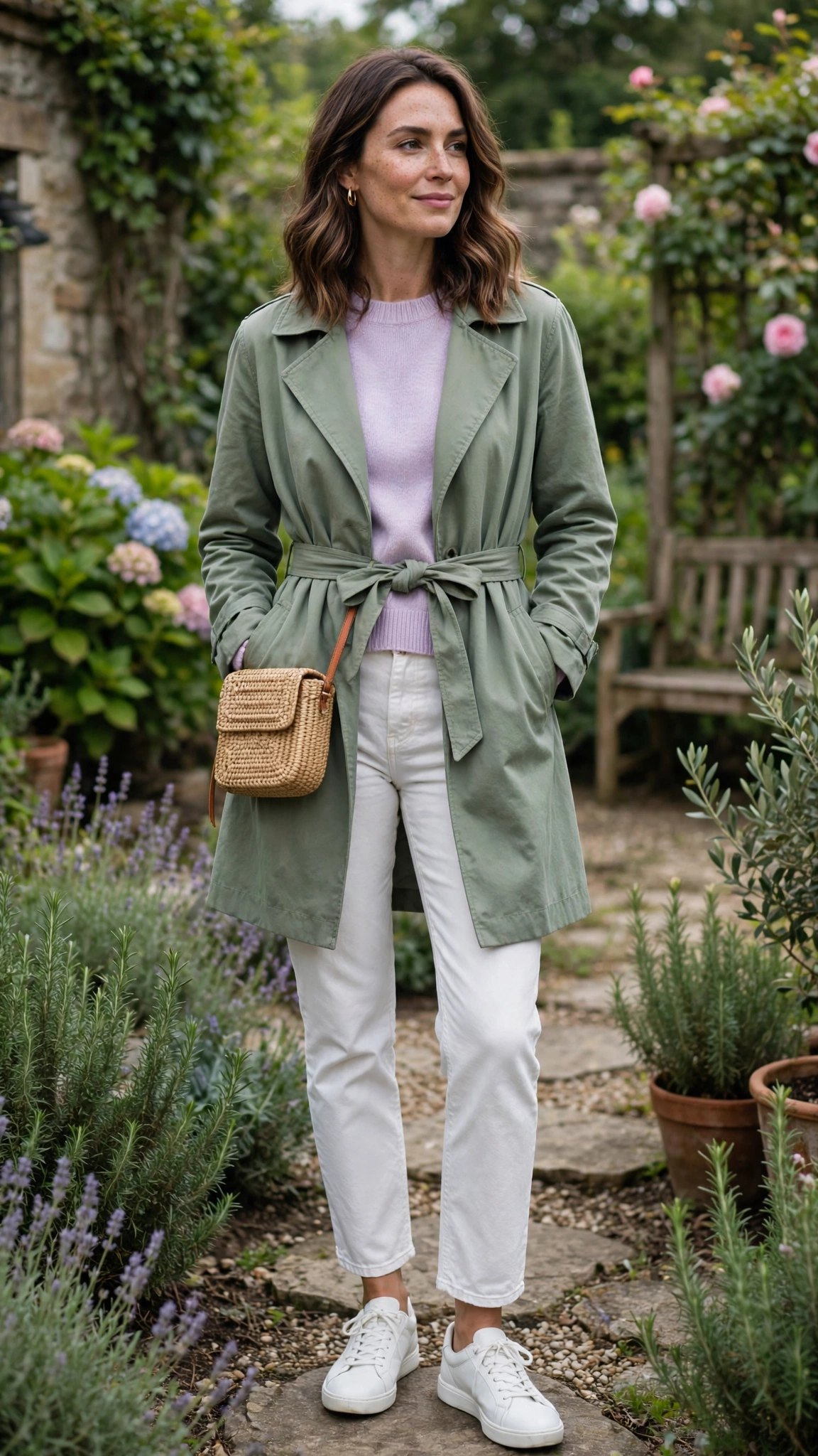 Sage belted coat with a pastel sweater and white jeans