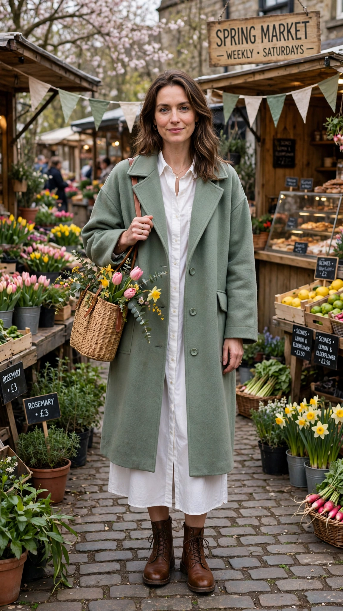 Sage oversized coat with a white shirt dress