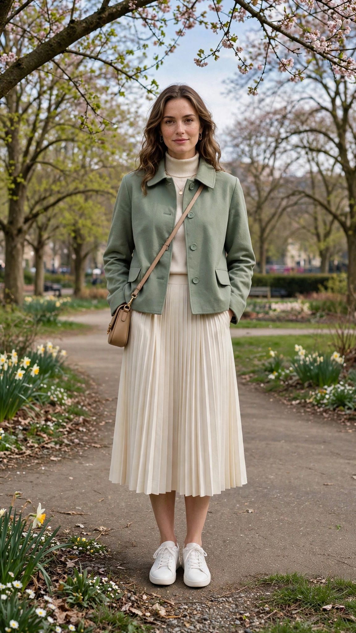 Sage cropped coat with a cream pleated skirt