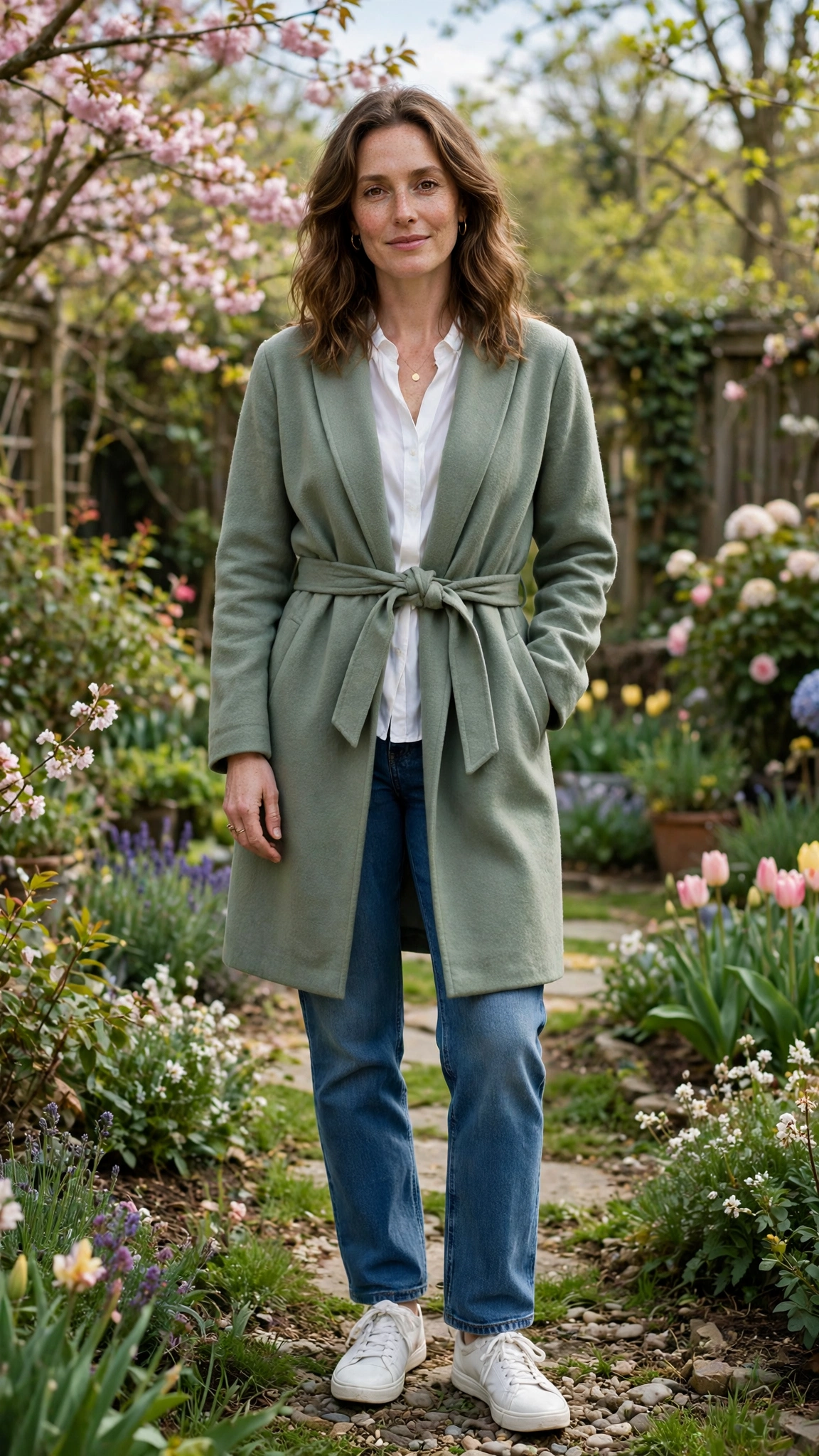 Sage wrap coat with a white blouse and jeans