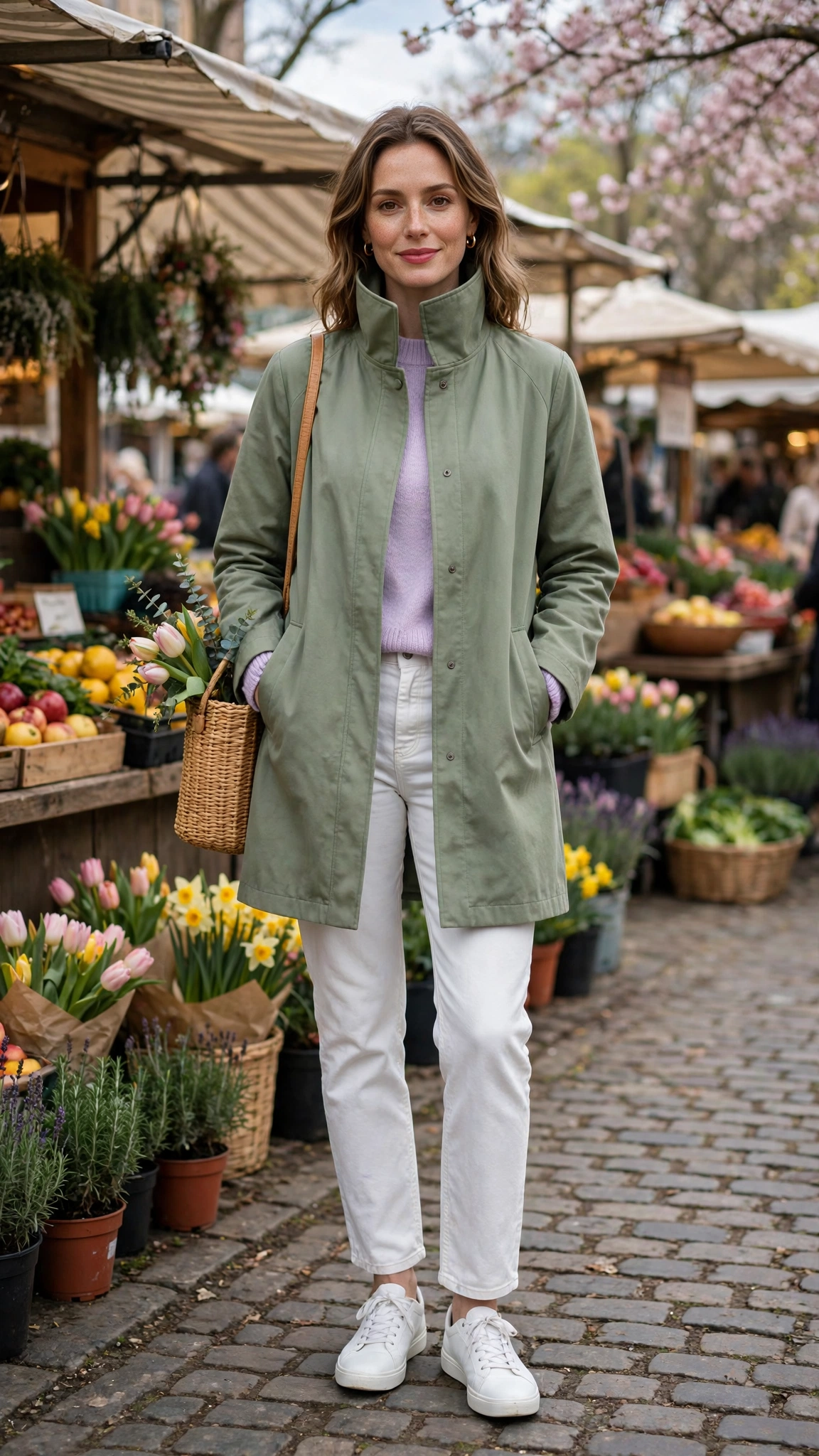 Sage funnel-neck coat with a pastel sweater and white jeans
