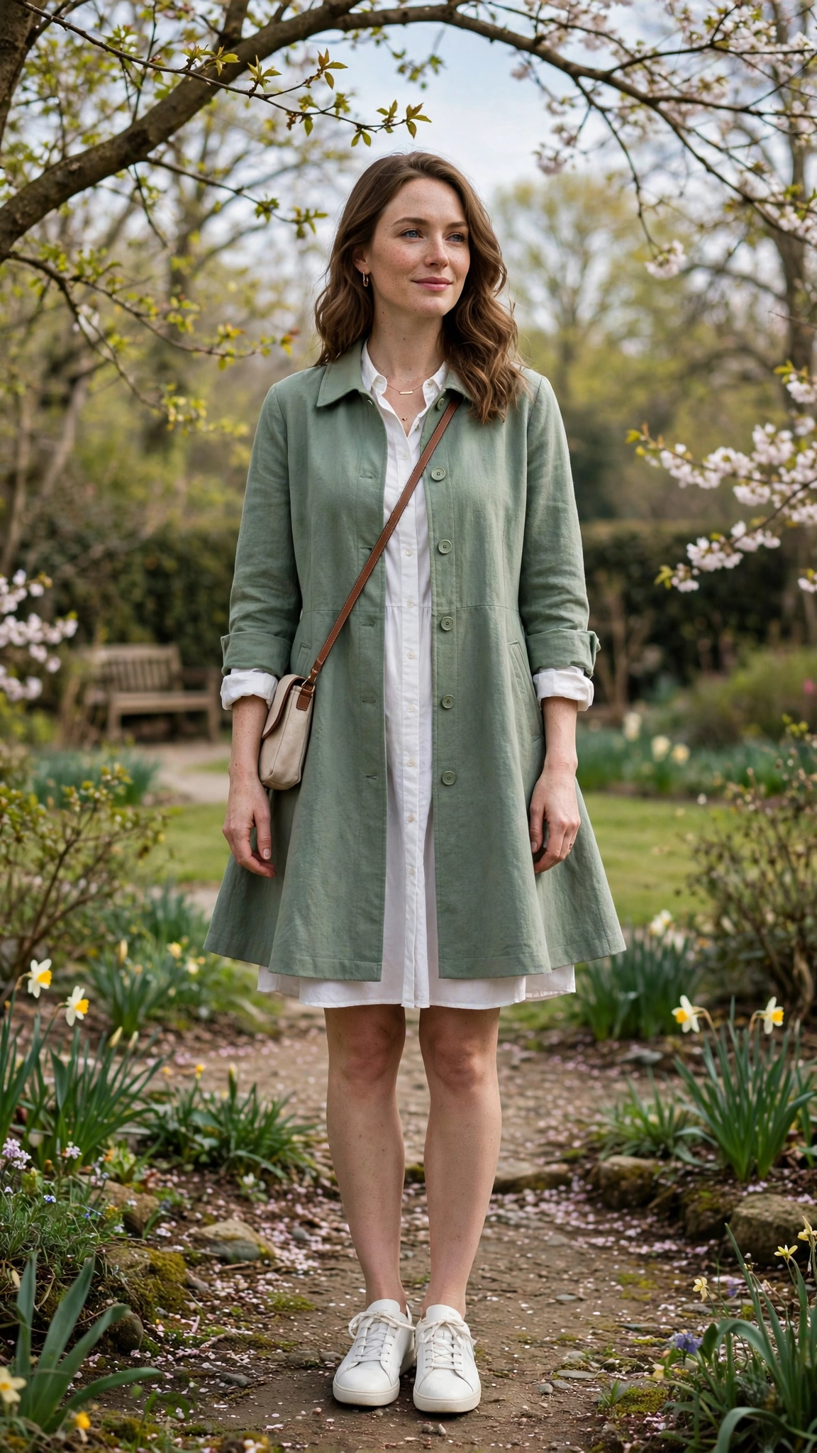 Sage A-line coat with a white shirt dress