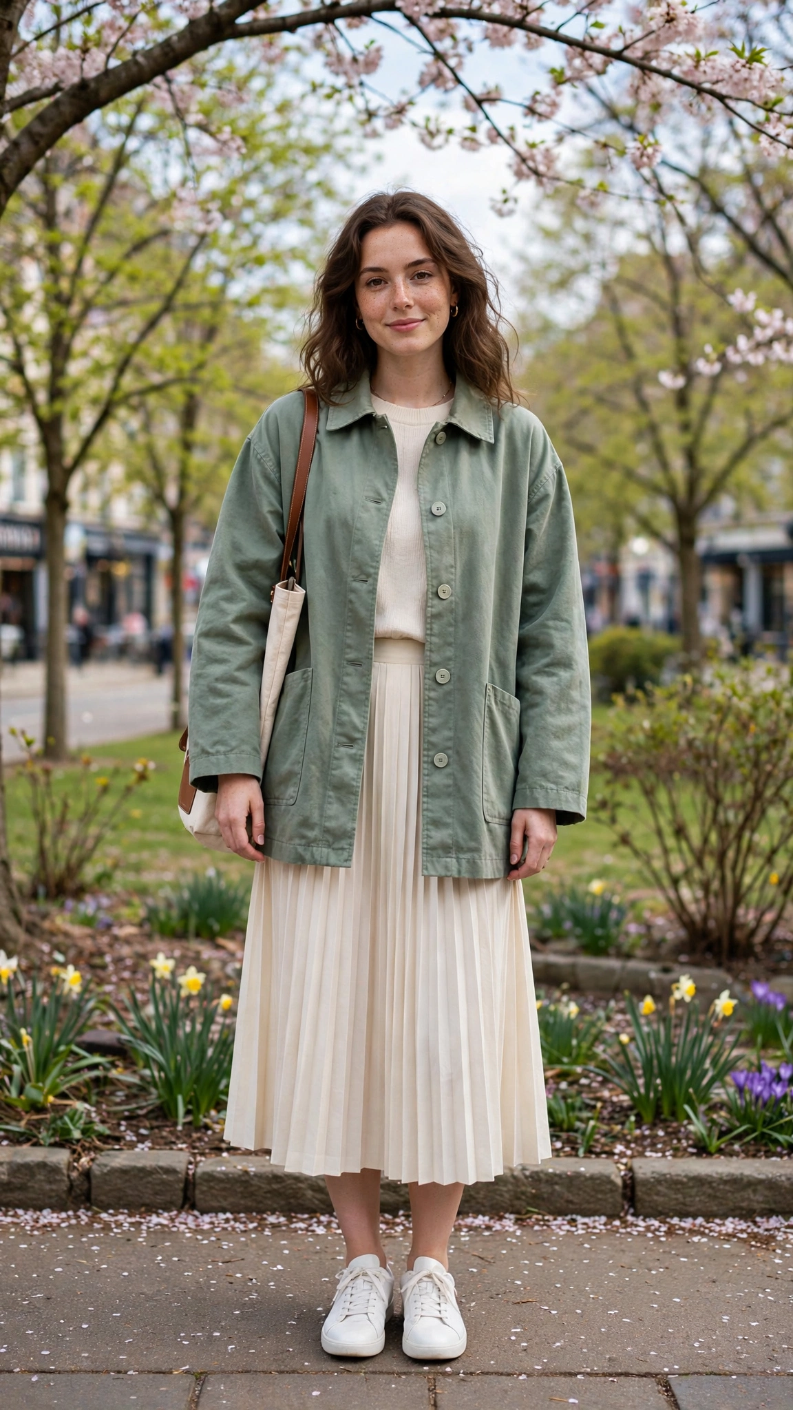 Sage boxy coat with a cream pleated skirt