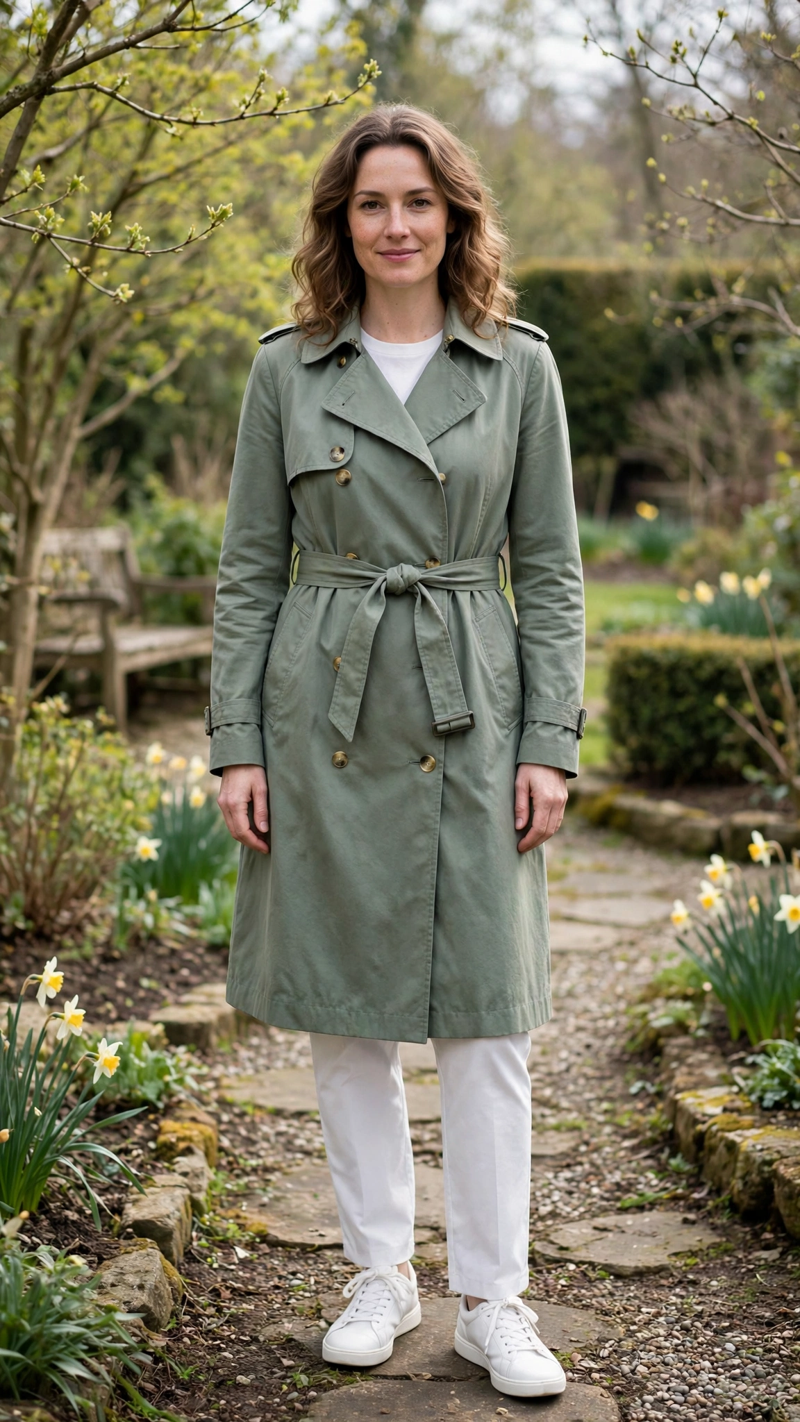 Sage trench-style coat with white trousers