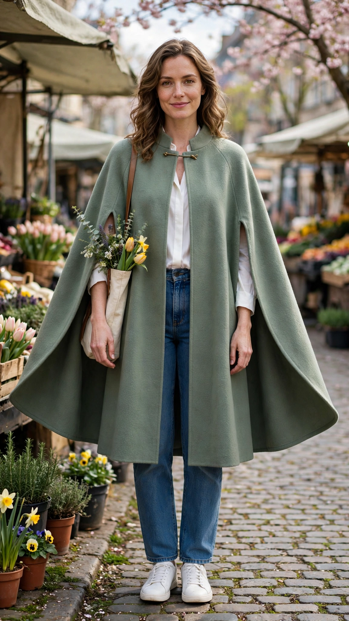 Sage cape coat with a white blouse and jeans