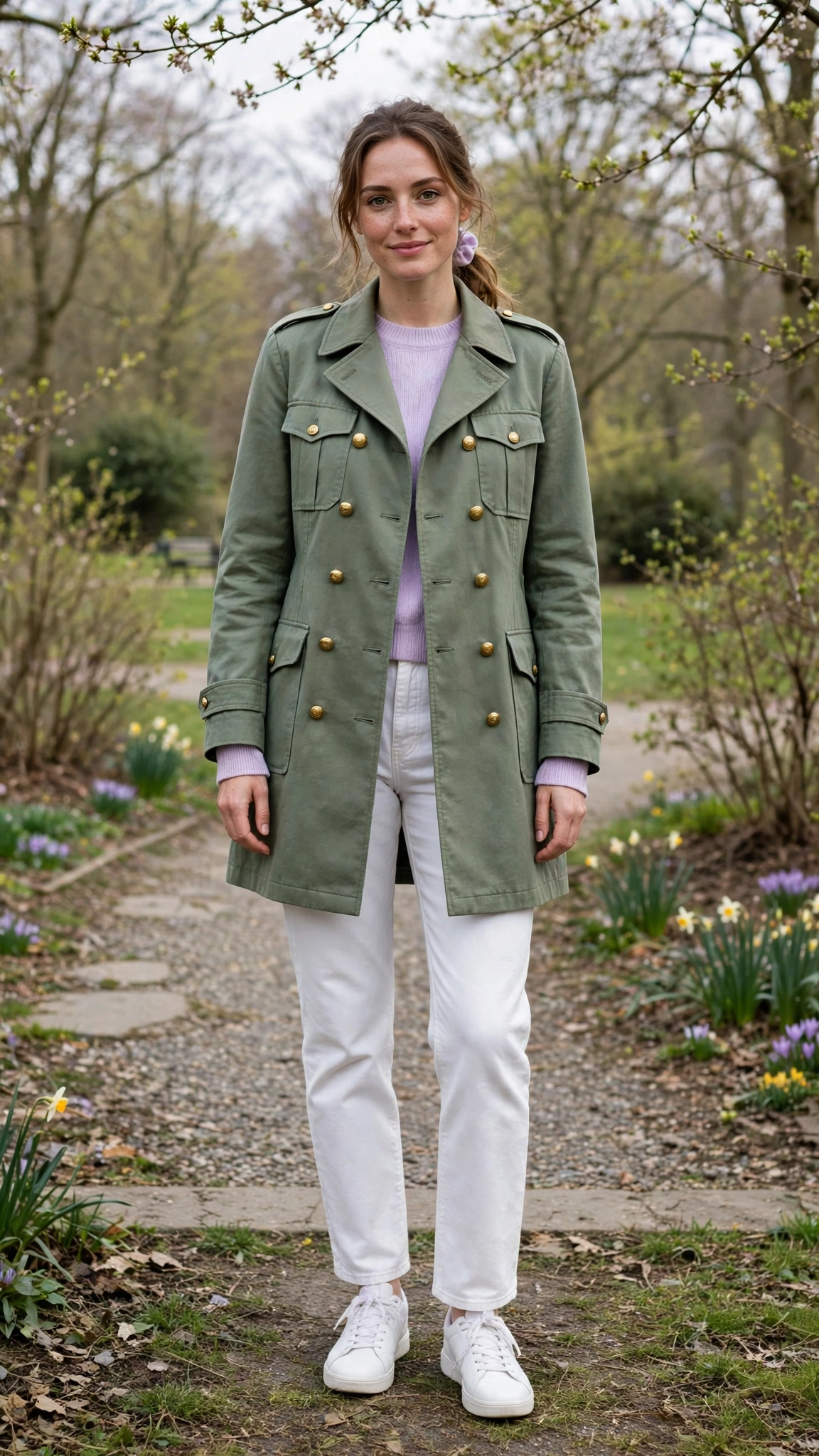 Sage military-style coat with a pastel sweater and white jeans
