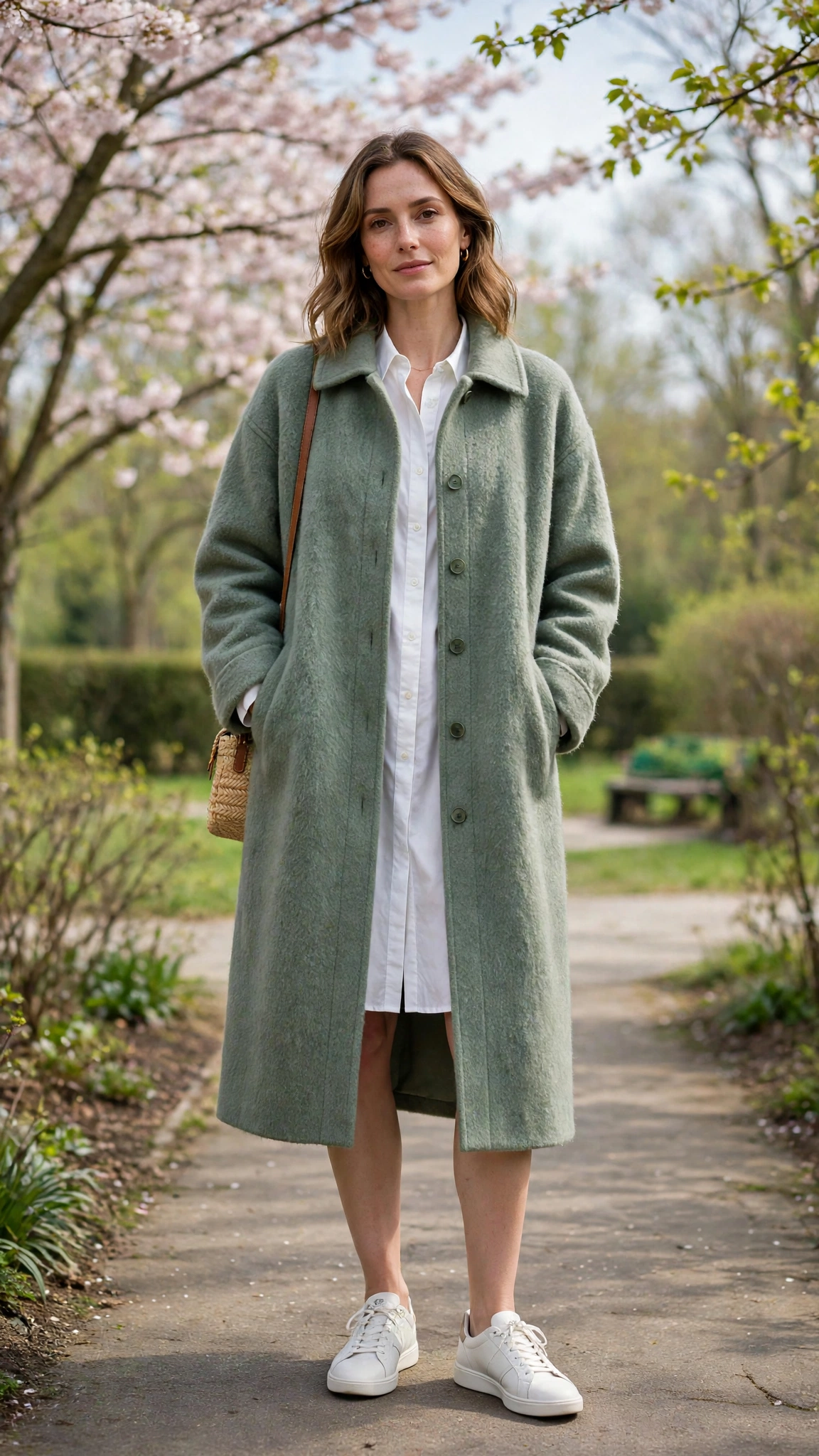 Sage soft wool coat with a white shirt dress