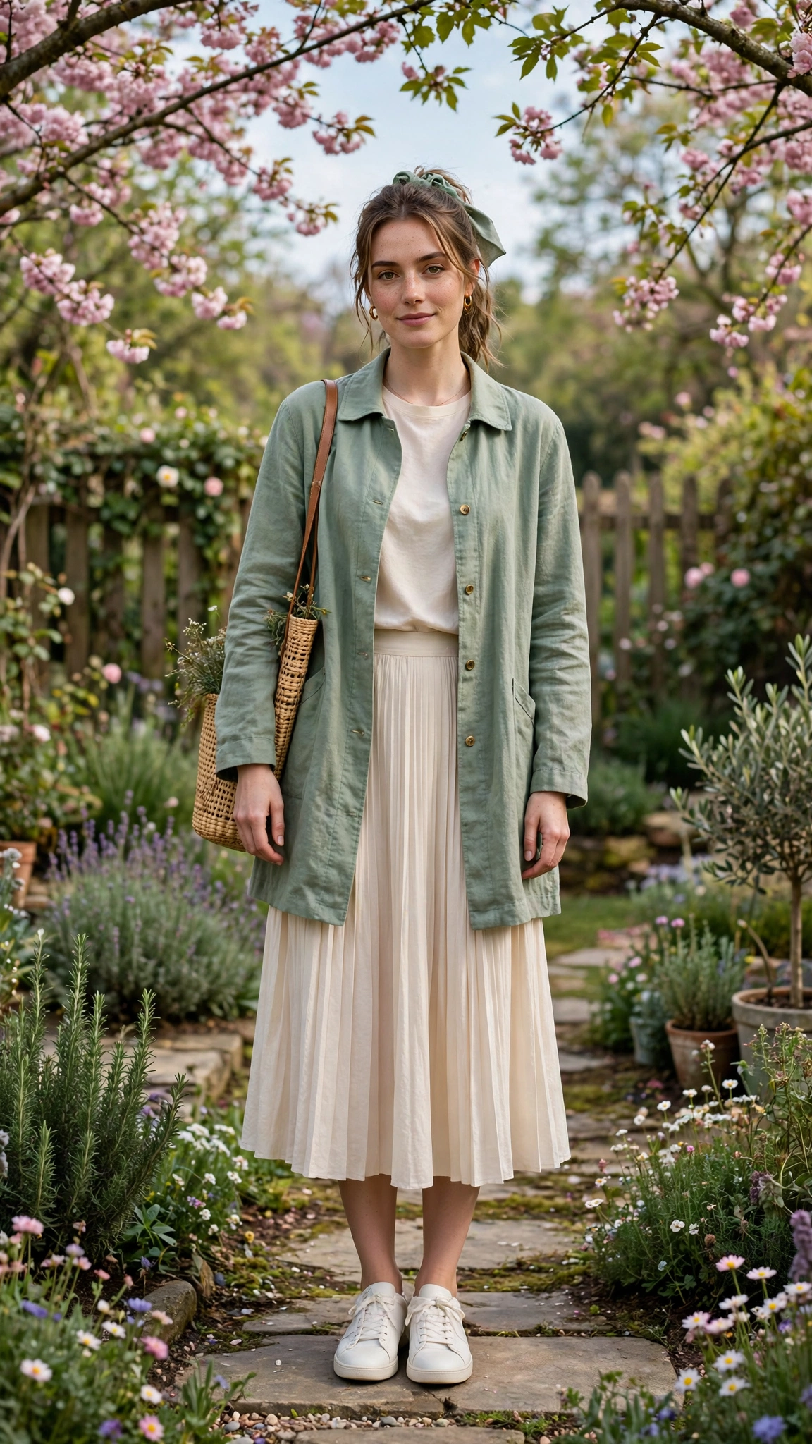 Sage lightweight spring coat with a cream pleated skirt