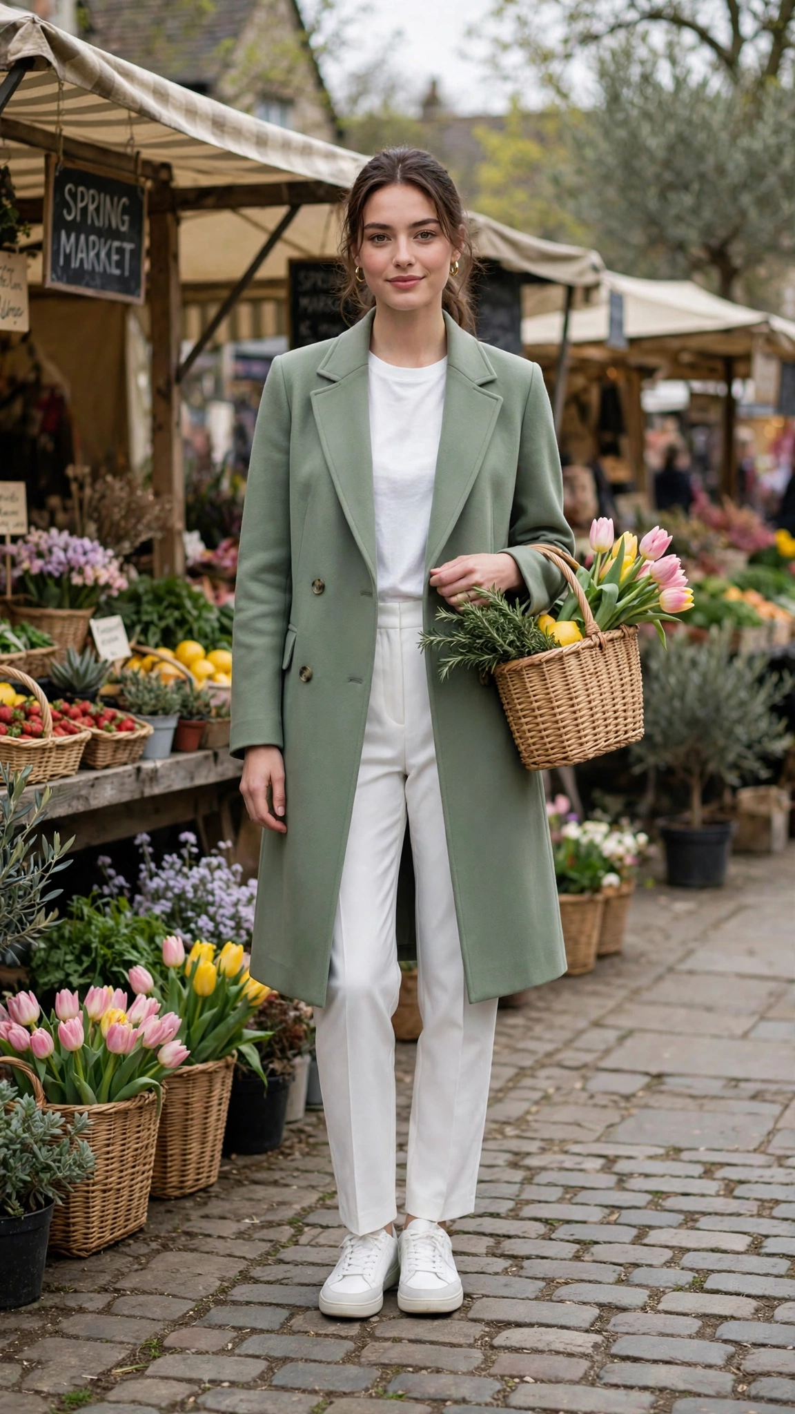 Sage classic tailored coat with white trousers