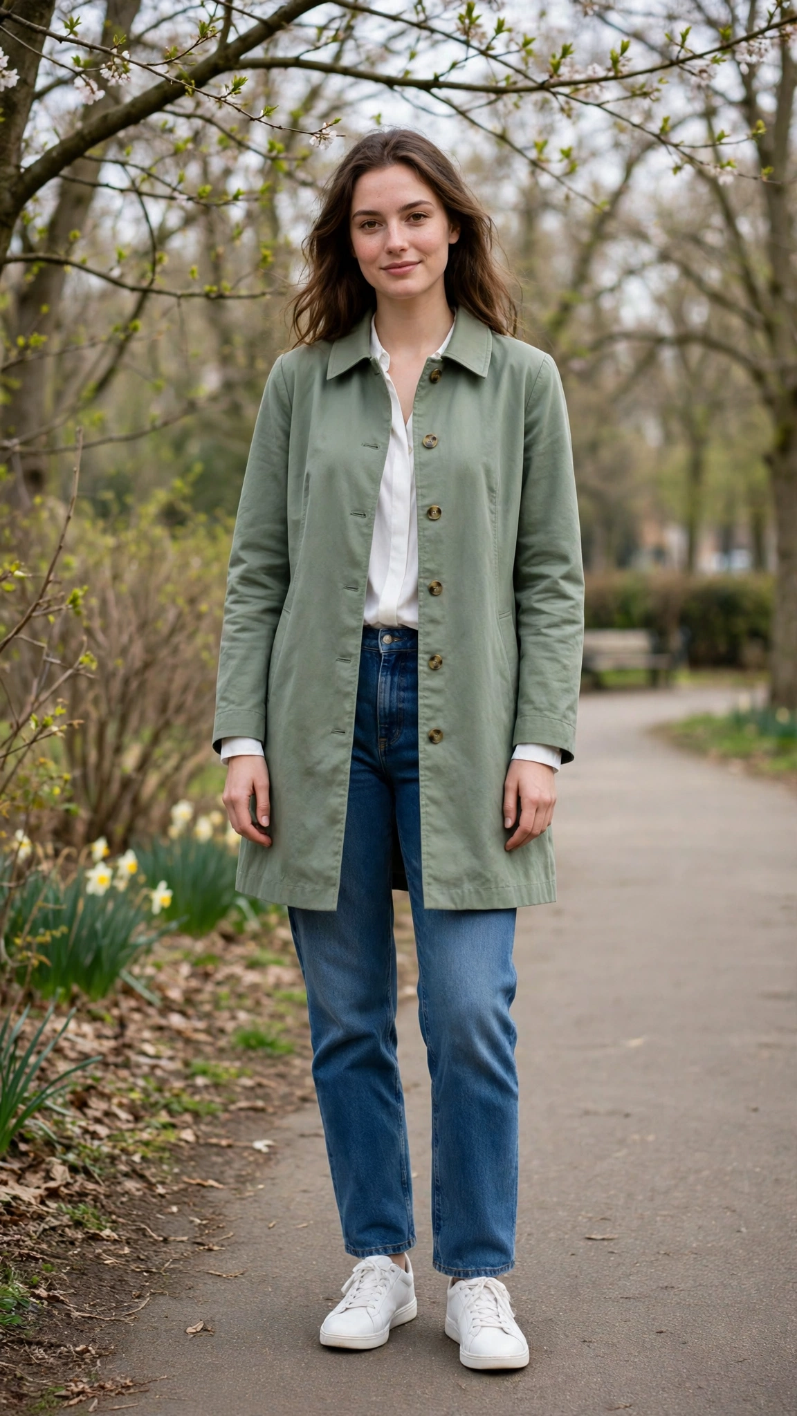 Sage single-breasted coat with a white blouse and jeans